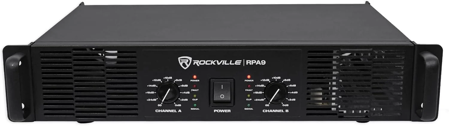 آمپلی فایر قدرت 2 کاناله Rockville RPA9 با حداکثر توان 3000 وات و توان اسمی 800 وات، خروجی بالا، ساخت بادوام، ورودی های متنوع، برای دی جی ها و صوتی حرفه ای