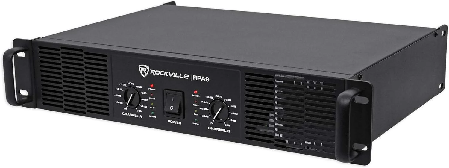 آمپلی فایر قدرت 2 کاناله Rockville RPA9 با حداکثر توان 3000 وات و توان اسمی 800 وات، خروجی بالا، ساخت بادوام، ورودی های متنوع، برای دی جی ها و صوتی حرفه ای