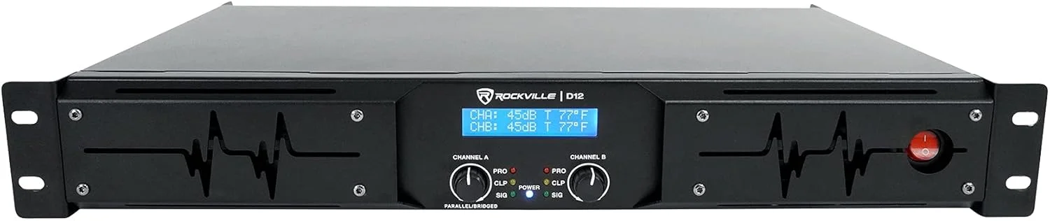 آمپلی فایر دو کاناله کلاس D راکویل D12 با توان پیک 5000 وات / توان RMS 1400 وات، دارای نمایشگر LCD، سوئیچ کراس اوور، قابلیت نصب در رک، خروجی توان 4/8 اهم، برای دی جی ها و صدای زنده