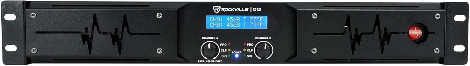 آمپلی فایر دو کاناله کلاس D راکویل D12 با توان پیک 5000 وات / توان RMS 1400 وات، دارای نمایشگر LCD، سوئیچ کراس اوور، قابلیت نصب در رک، خروجی توان 4/8 اهم، برای دی جی ها و صدای زنده