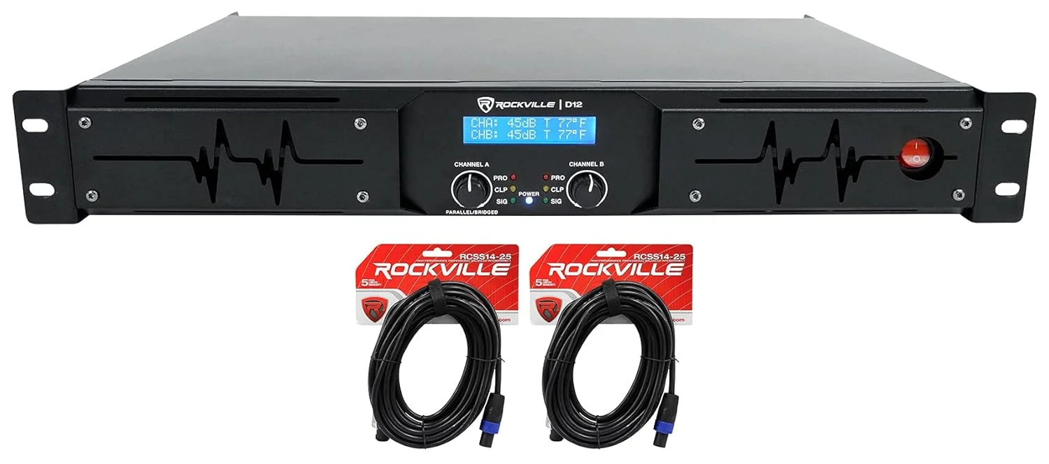 آمپلی فایر Rockville D12 با توان پیک 5000 وات / توان RMS 1400 وات، 2 کانال کلاس D حرفه ای/DJ به همراه (2) کابل اسپیکون به اسپیکون Rockville RCSS1425 به طول 25 فوت با گیج 14 AWG و 100% مس