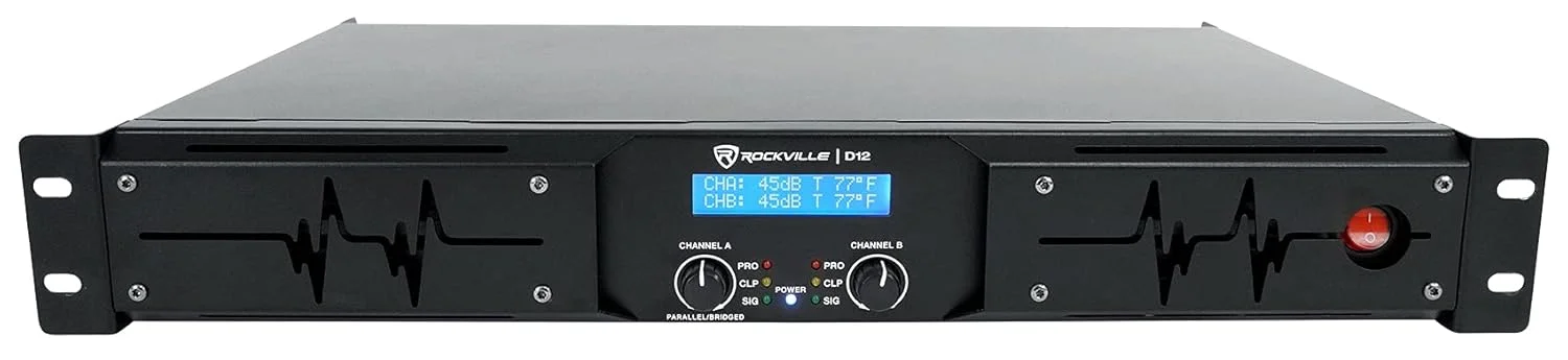 آمپلی فایر Rockville D12 با توان پیک 5000 وات / توان RMS 1400 وات، 2 کانال کلاس D حرفه ای/DJ به همراه (2) کابل اسپیکون به اسپیکون Rockville RCSS1425 به طول 25 فوت با گیج 14 AWG و 100% مس