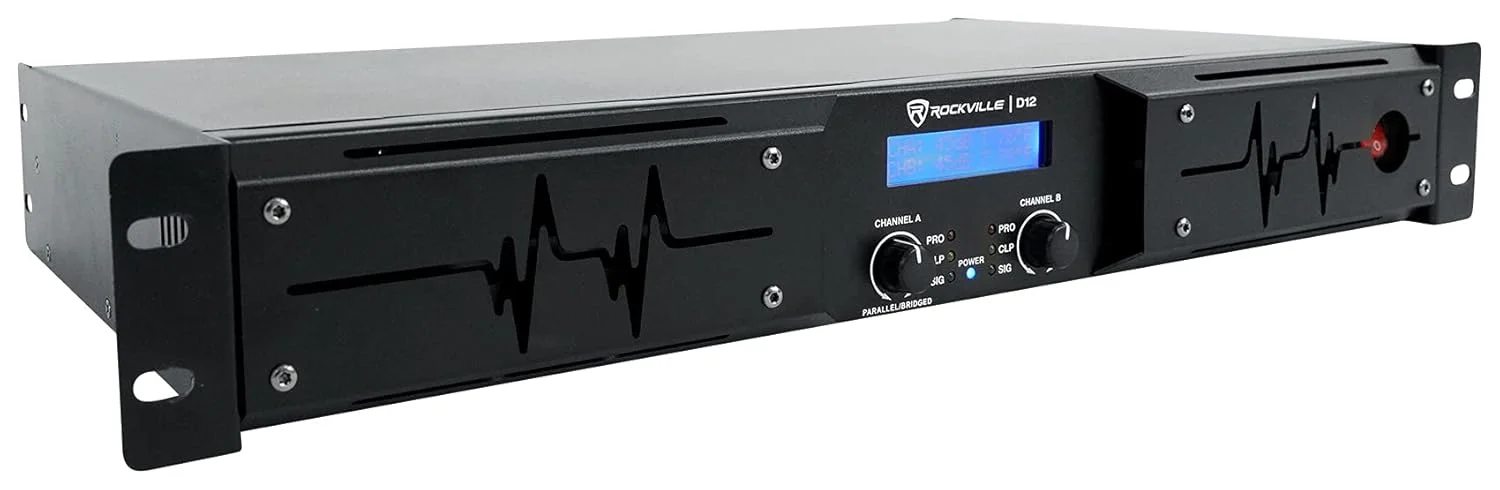 آمپلی فایر Rockville D12 با توان پیک 5000 وات / توان RMS 1400 وات، 2 کانال کلاس D حرفه ای/DJ به همراه (2) کابل اسپیکون به اسپیکون Rockville RCSS1425 به طول 25 فوت با گیج 14 AWG و 100% مس