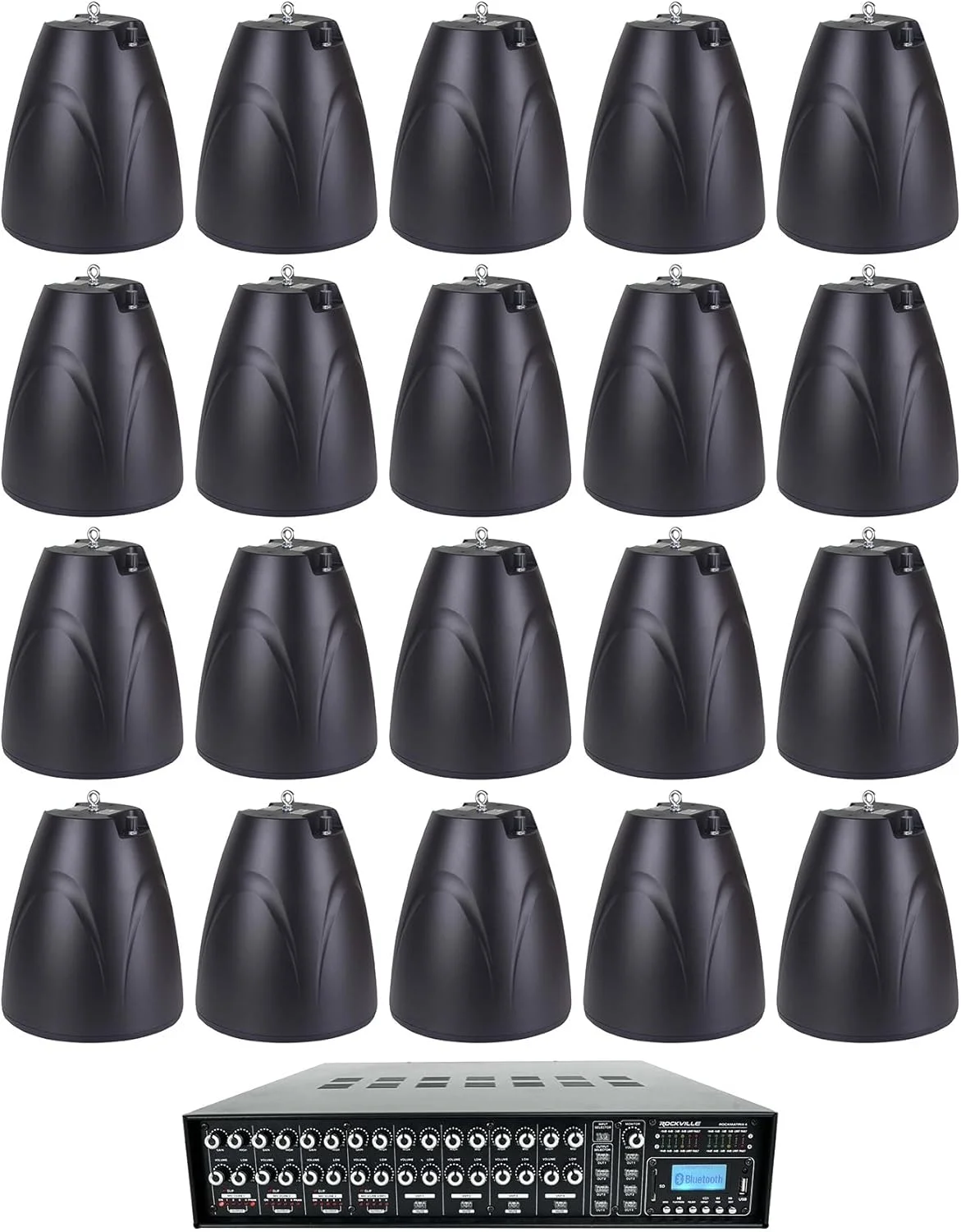 باندل Rockville Rock Matrix شامل آمپلی‌فایر تجاری 4 زون 70 ولت + باندل مسیریابی منبع ماتریسی با (20) بلندگوی آویز مشکی 6.5 اینچی 70 ولت مدل PEN-65T (21 قطعه)
