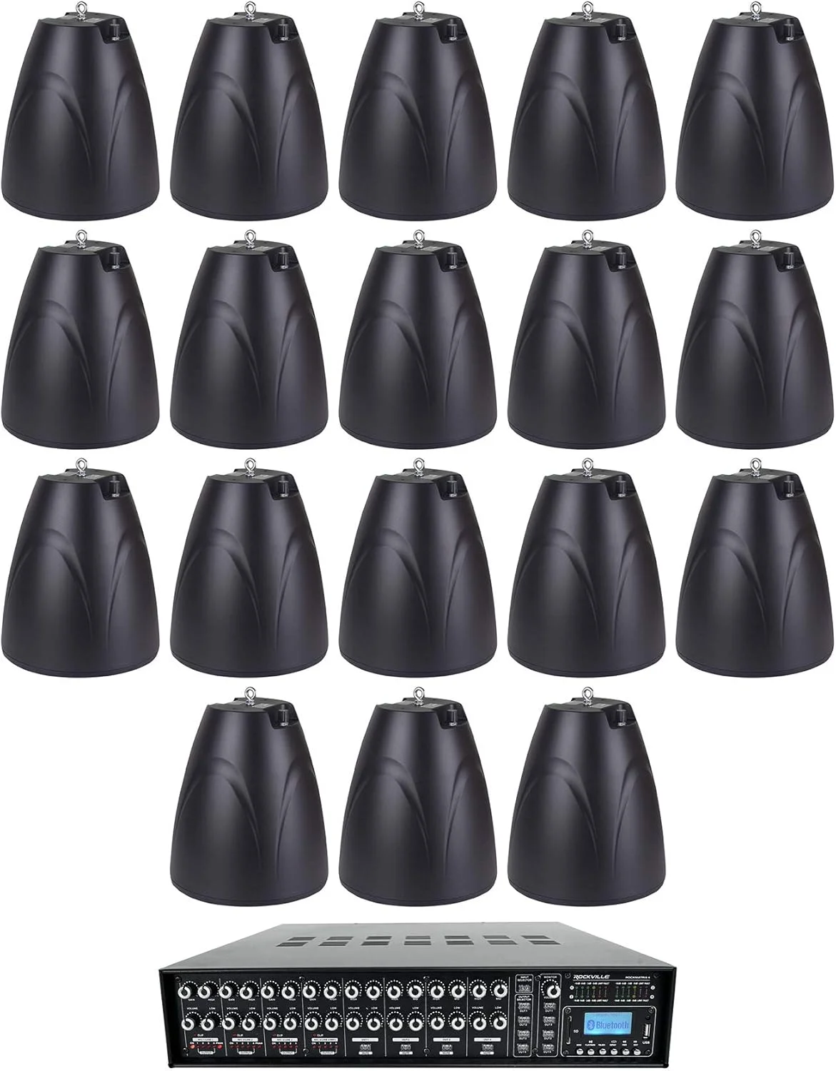 باندل آمپلی فایر تجاری 4 زون 70 ولت Rockville ROCK MATRIX + باندل مسیریابی منبع ماتریس با (18) بلندگوی آویز تجاری 6.5 اینچی 70 ولت PEN-65T مشکی (19 قطعه)
