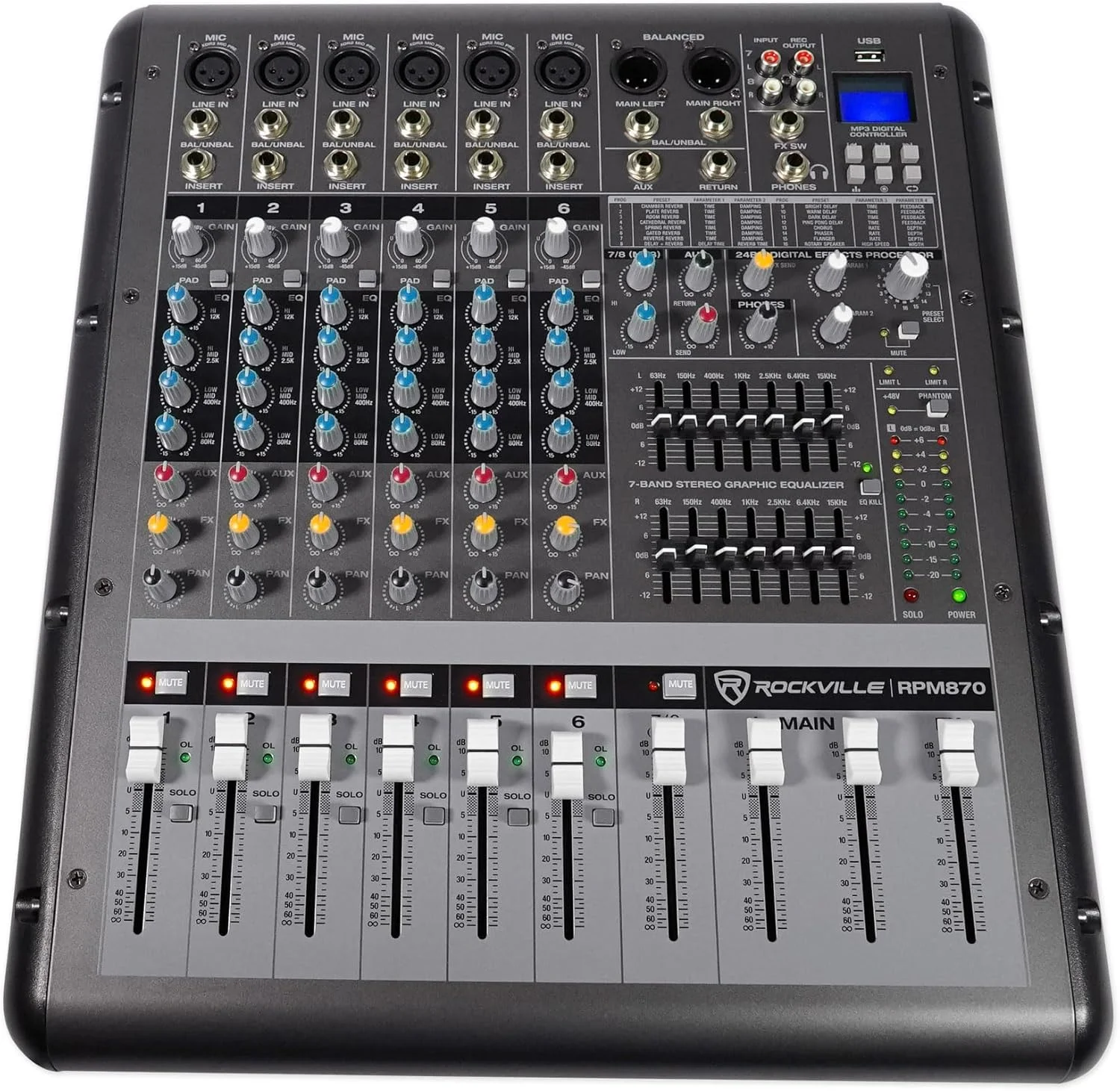 پکیج Rockville: (1) میکسر آمپلی فایر 8 کاناله 6000 واتی Rockville RPM870 با USB، افکت‌ها، 8 پری امپ میکروفون XDR2 (مورد 1)
