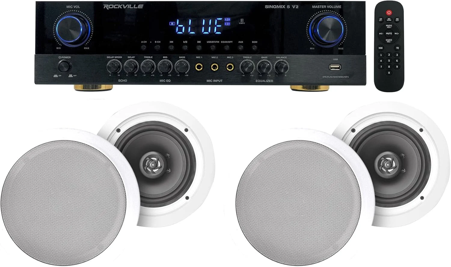 گیرنده آمپلی فایر بلوتوث خانگی Rockville SINGMIX 5 + (4) بلندگو سقفی 6.5 اینچی