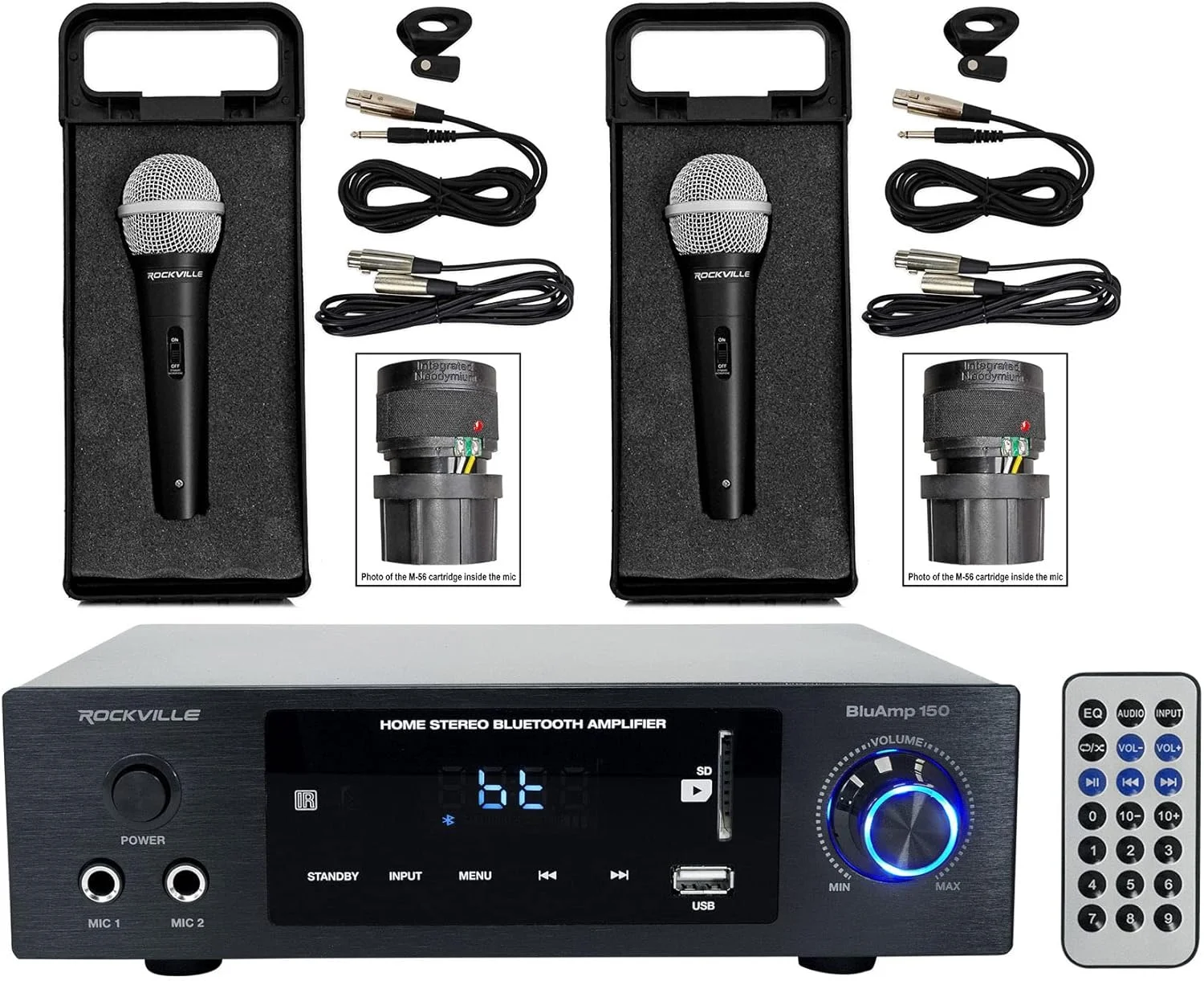 راکویل BLUAMP 150 آمپلی فایر بلوتوث استریو خانگی به همراه ورودی اپتیکال/فونو/RCA و (2) میکروفون کاردیود داینامیک حرفه ای Rockville RMP-XLR با کابل XLR 10 فوتی + گیره