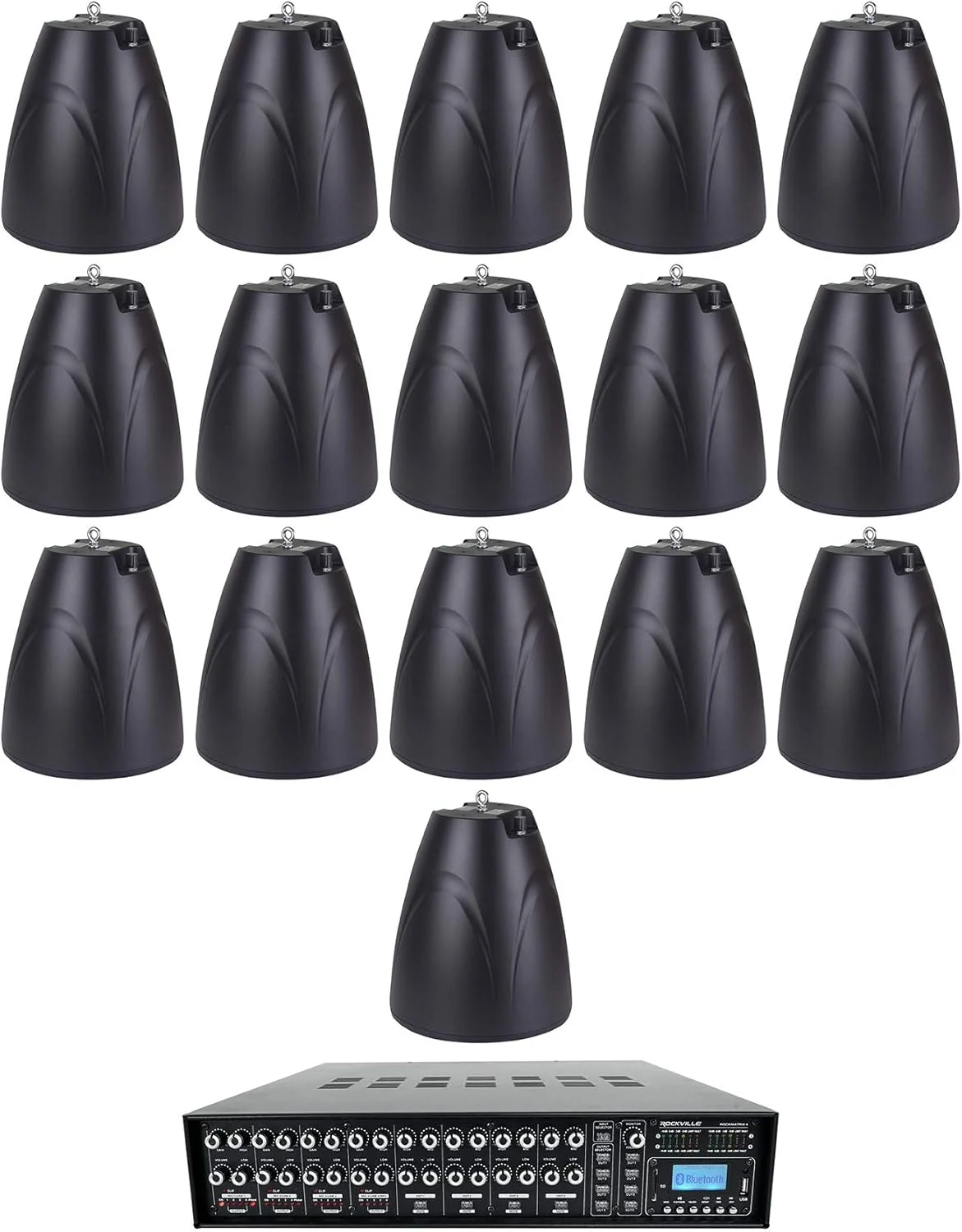 پکیج Rockville Rock Matrix شامل آمپلی‌فایر تجاری 4 زون 70 ولت + پکیج مسیریابی منبع ماتریسی به همراه (16) بلندگوی آویز 6.5 اینچی 70 ولت مدل PEN-65T مشکی (17 قطعه)