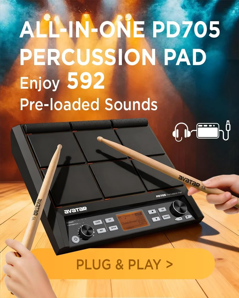 پد سمپل PD705، مولتی‌پد قابل حمل برای نوازندگان درام، با 9 پد حساس به ضربه، 592 صدای پرکاشن، پشتیبانی از USB/MIDI ورودی/خروجی/AUX
