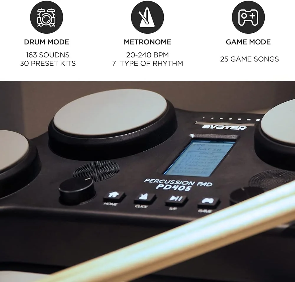 ست درام الکتریکی رومیزی PD405، با 163 صدای کوبه ای، 4 پد درام حساس به ضربه، 2 پدال و چوب درام، هدیه تولد ست درام الکتریکی رومیزی PD405، با 163 صدای کوبه ای، 4 پد درام حساس به ضربه، 2 پدال و چوب درام، هدیه تولد