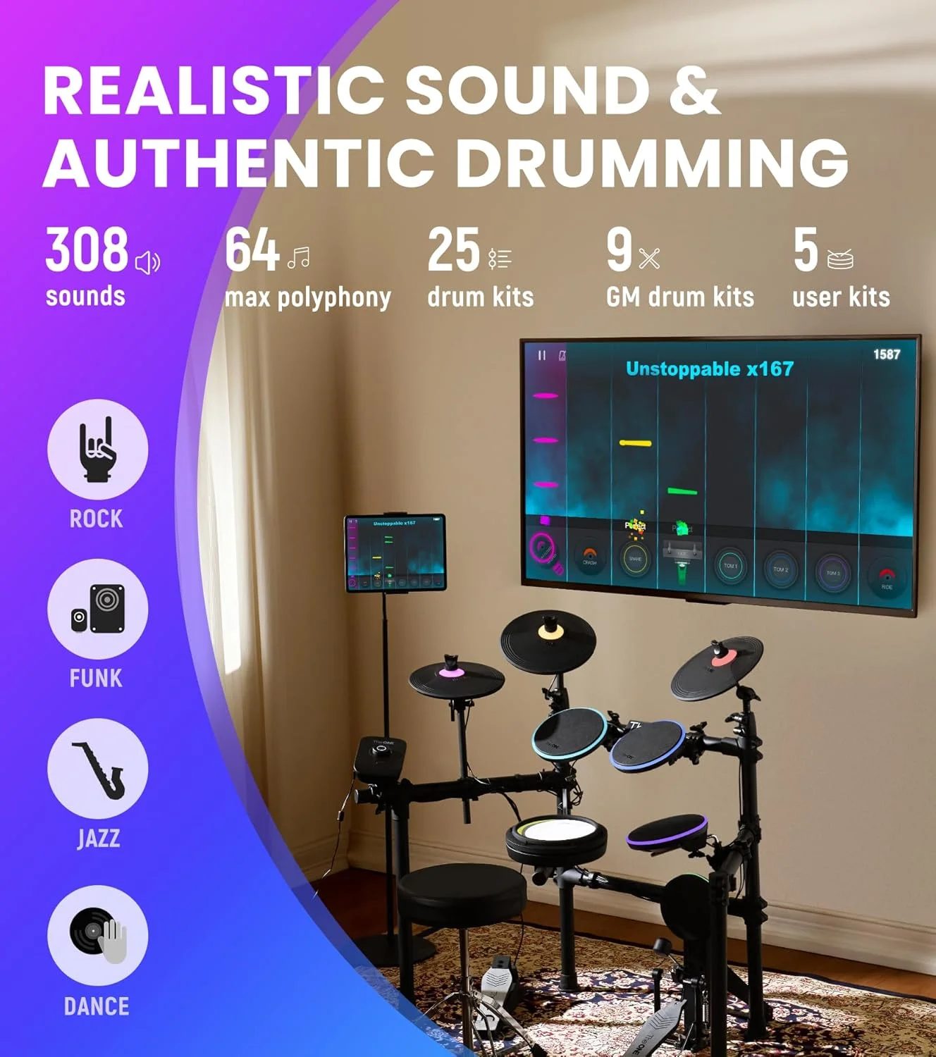 درامز الکترونیکی The ONE Polaris با اتصال USB MIDI و بلوتوث صوتی و MIDI، درامز الکترونیکی با پدهای مش، بیش از 600 آهنگ و 96 درس رایگان در برنامه