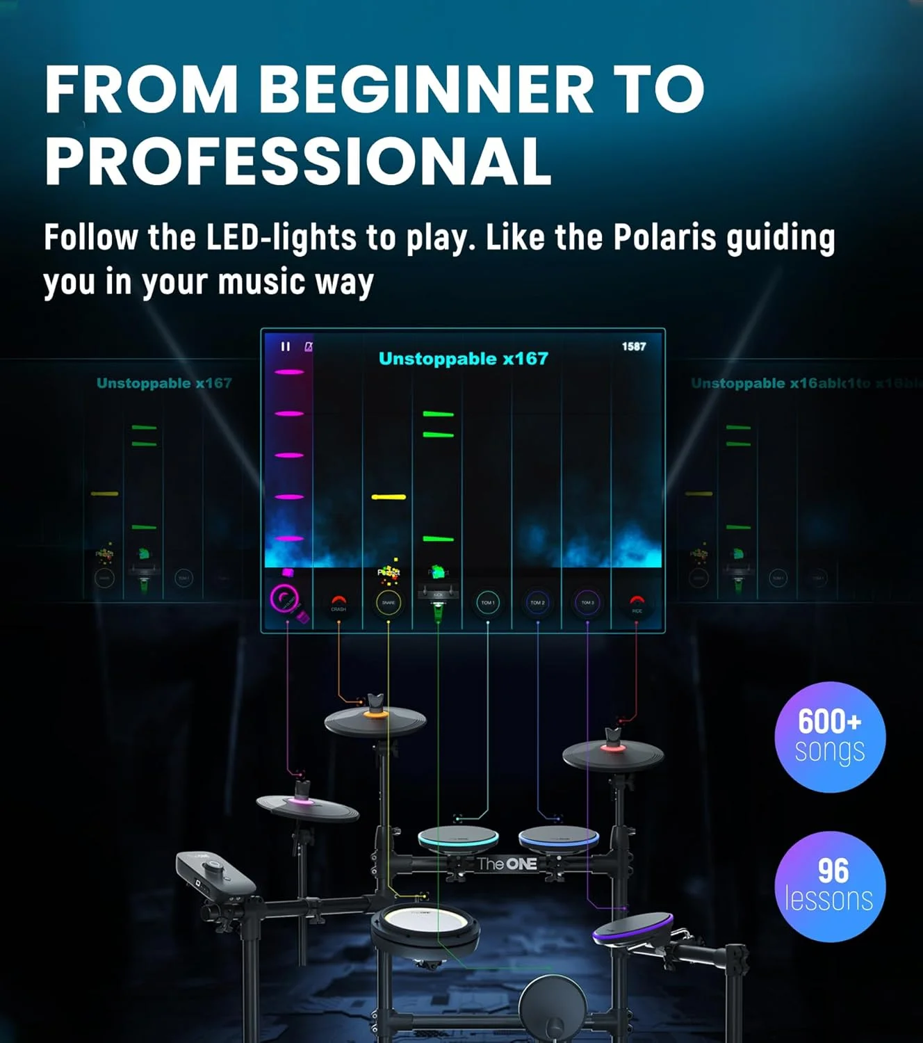 درامز الکترونیکی The ONE Polaris با اتصال USB MIDI و بلوتوث صوتی و MIDI، درامز الکترونیکی با پدهای مش، بیش از 600 آهنگ و 96 درس رایگان در برنامه