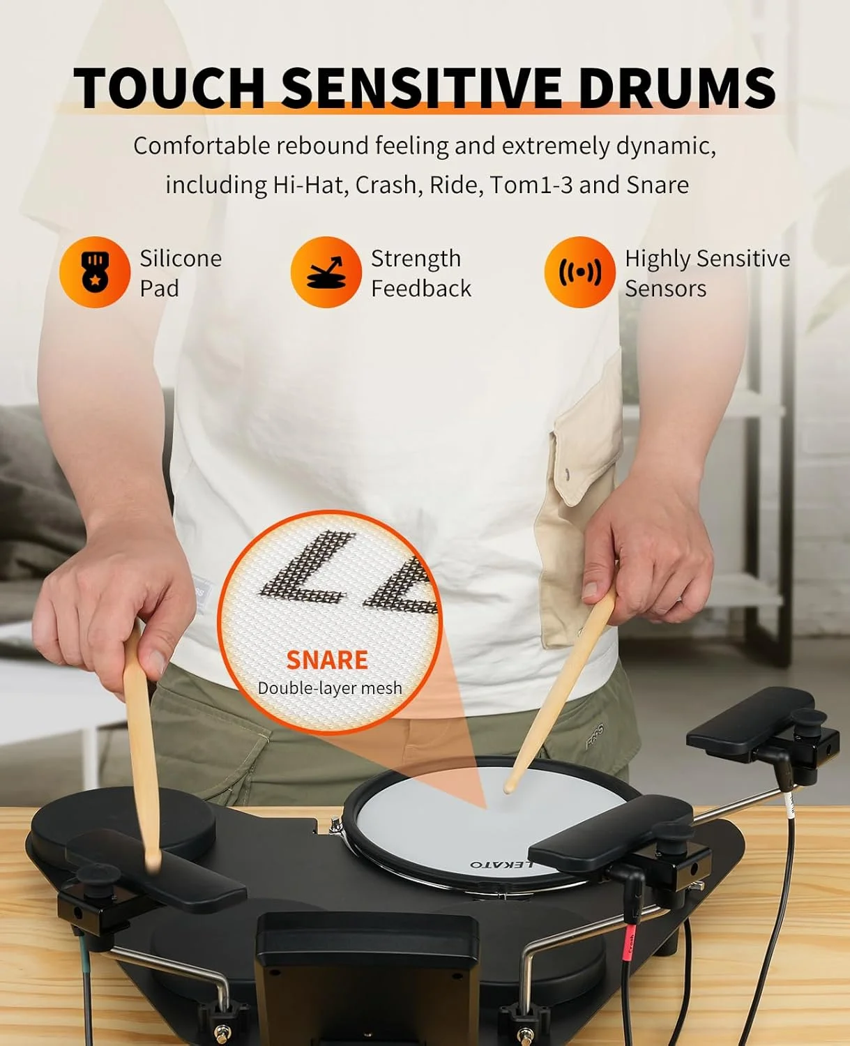 ست درام الکترونیکی LEKATO، ست درام الکتریکی قابل حمل برای مبتدیان با پدهای توری بی صدا، 220+ صدا، USB MIDI، 2 پدال سوئیچ، کیت درام الکتریکی با چوب، کیف مسافرتی ست درام الکترونیکی LEKATO، ست درام الکتریکی قابل حمل برای مبتدیان با پدهای توری بی صدا، 220+ صدا، USB MIDI، 2 پدال سوئیچ، کیت درام الکتریکی با چوب، کیف مسافرتی