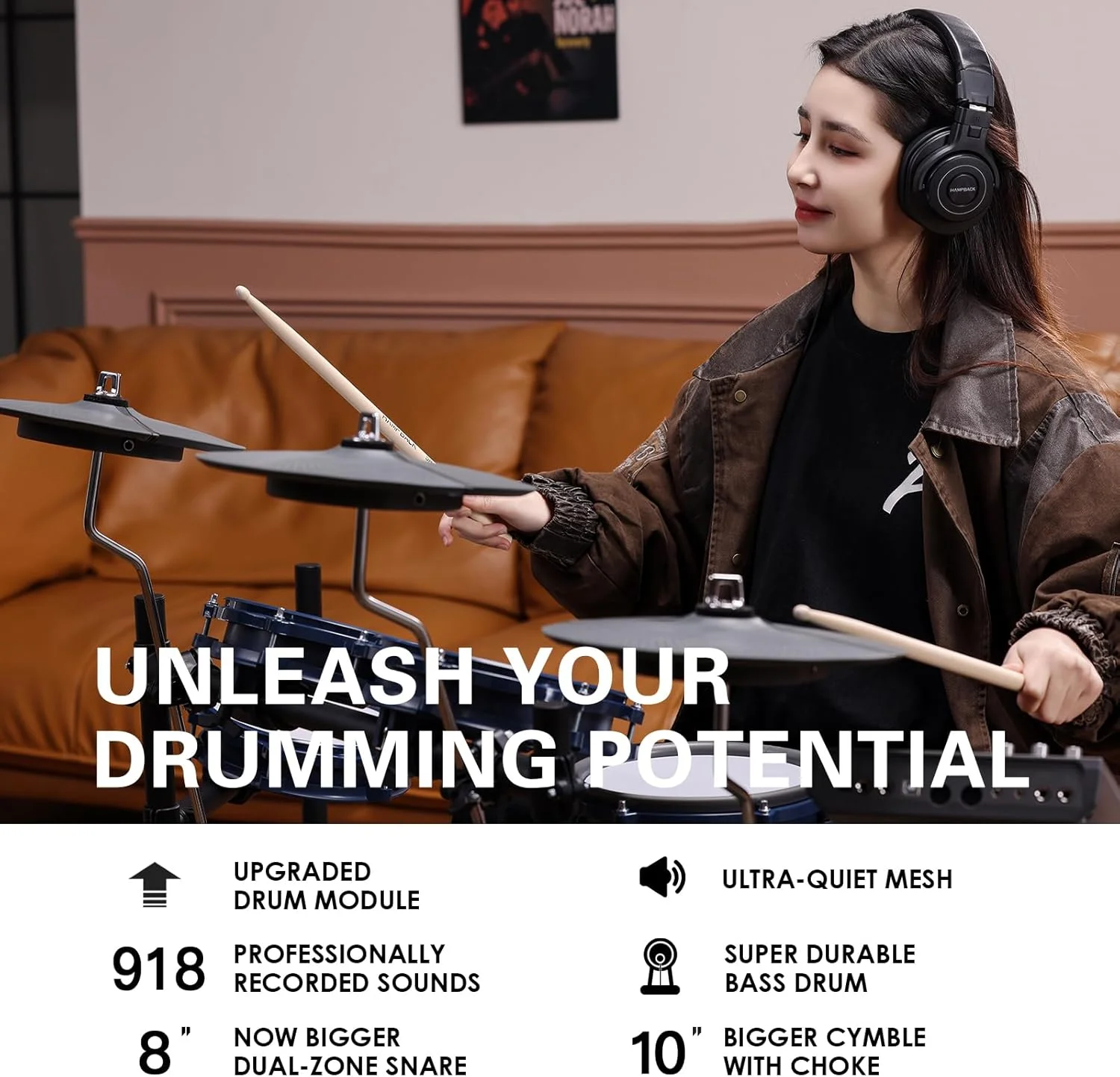 ست درام الکتریکی ACE-307 برای مبتدیان با پدهای مشبک بی صدا، 2 سنج با قابلیت خفه کردن صدا، 52+20 کیت درام و 918 صدا، USB MIDI، عملکرد ضبط (5 پد، 3 سنج)