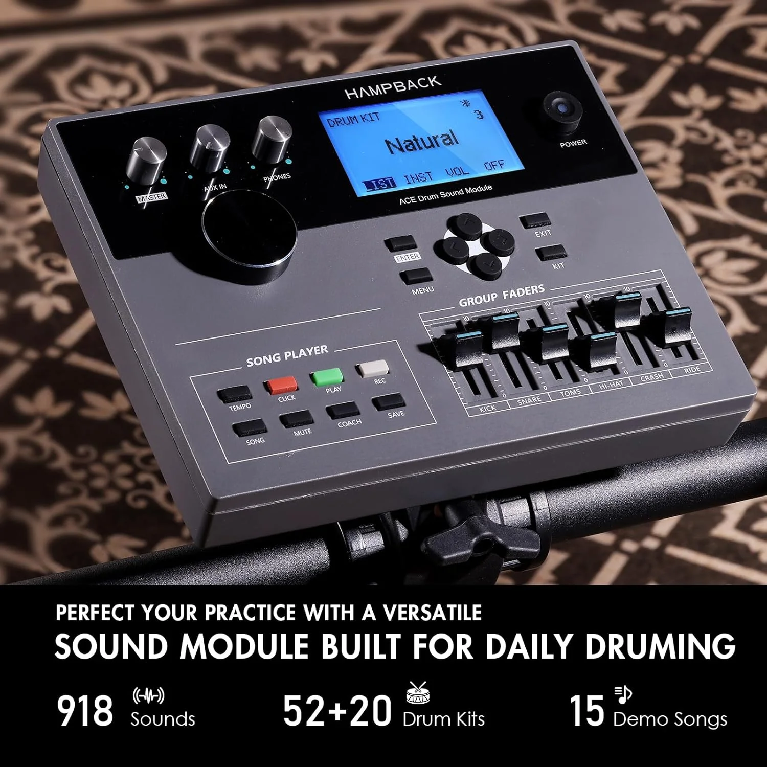 ست درام الکتریکی ACE-307 برای مبتدیان با پدهای مشبک بی صدا، 2 سنج با قابلیت خفه کردن صدا، 52+20 کیت درام و 918 صدا، USB MIDI، عملکرد ضبط (5 پد، 3 سنج)