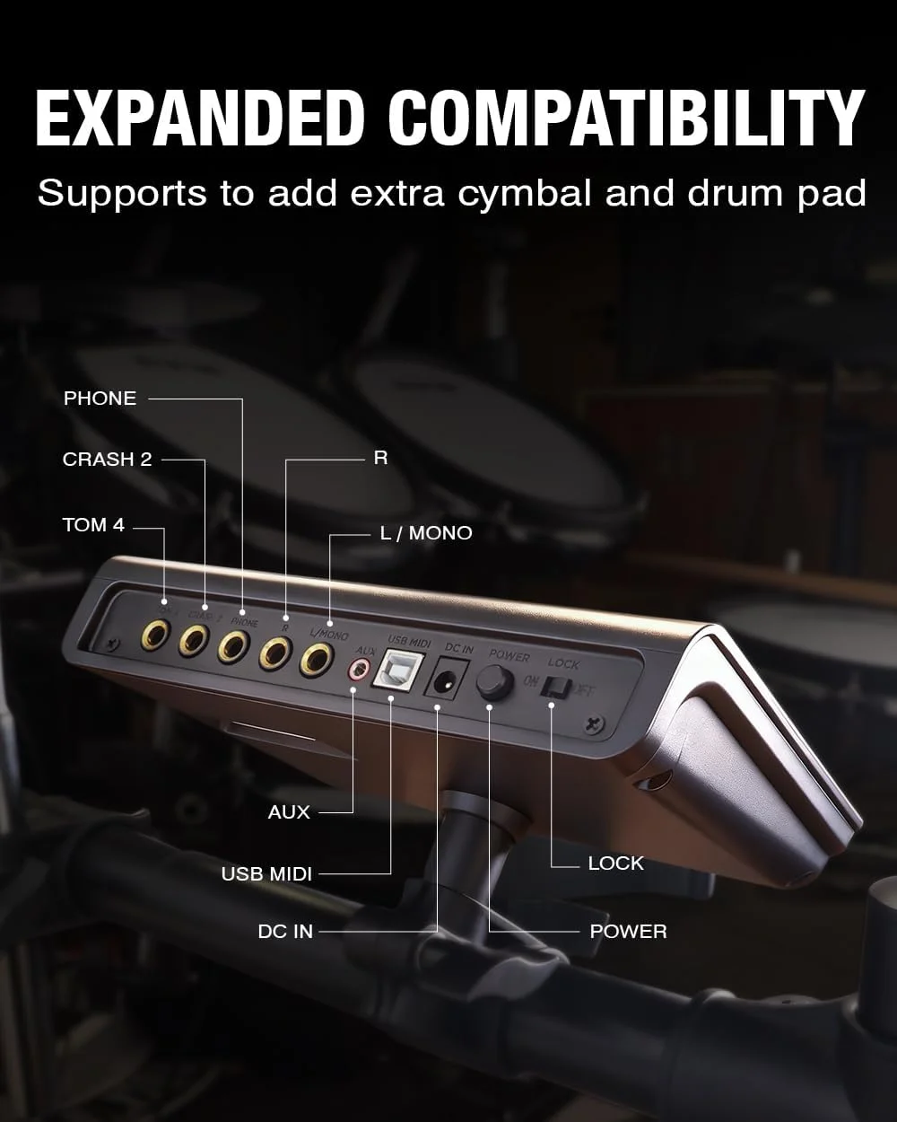 ست درام الکترونیکی حرفه ای SD61-5 با پدهای مش، ۴۴۷ صدا، اسنر دو منطقه ای، سنج با قابلیت خفه کردن صدا، تاور کیک، قابلیت اضافه کردن تام و سنج اضافی
