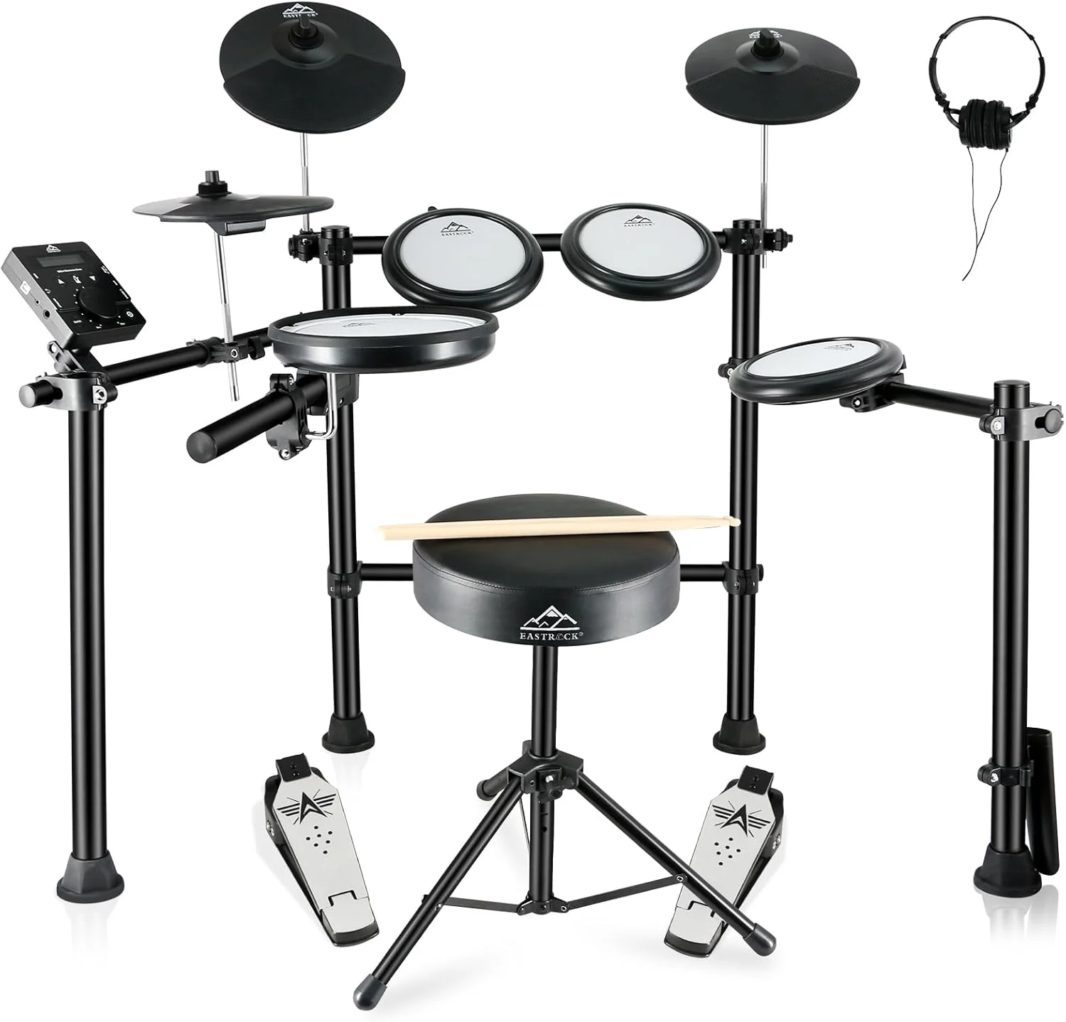 ست درام الکترونیکی ایست‌راک با پدهای مشبک بی‌صدا، ست درام الکترونیکی مبتدی ۴ پایه با سنج، پدال، ماژول درام ارتقا یافته، ۴۵۰ صدا، بلوتوث، USB MIDI، هدفون، صندلی، چوب