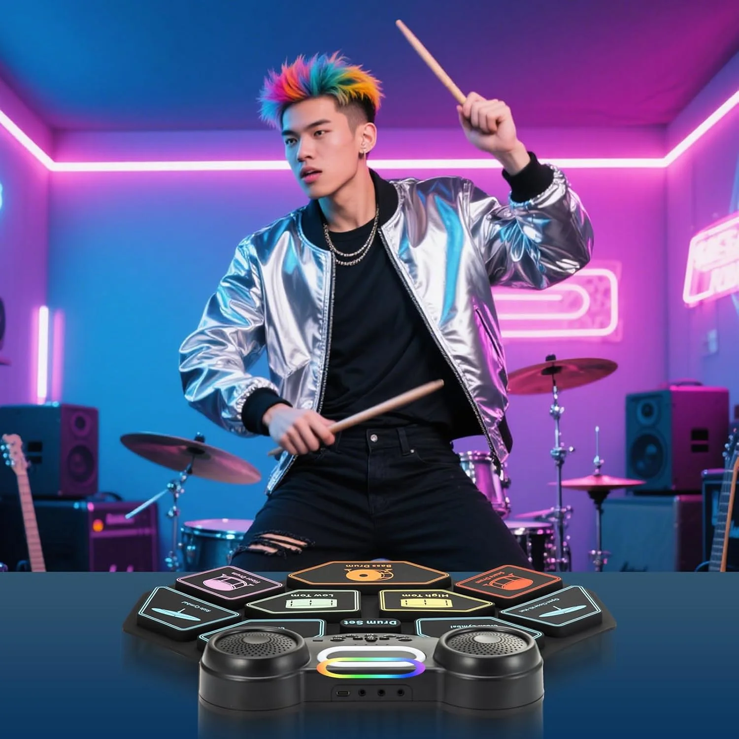 ست درام الکترونیکی برای کودکان - کیت درام سیلیکونی قابل حمل 9 پد LO-RON-GOL با 2 پدال، بلندگوهای داخلی، MIDI و جک هدفون - ایده آل برای تمرین و مسافرت (طرح درام)