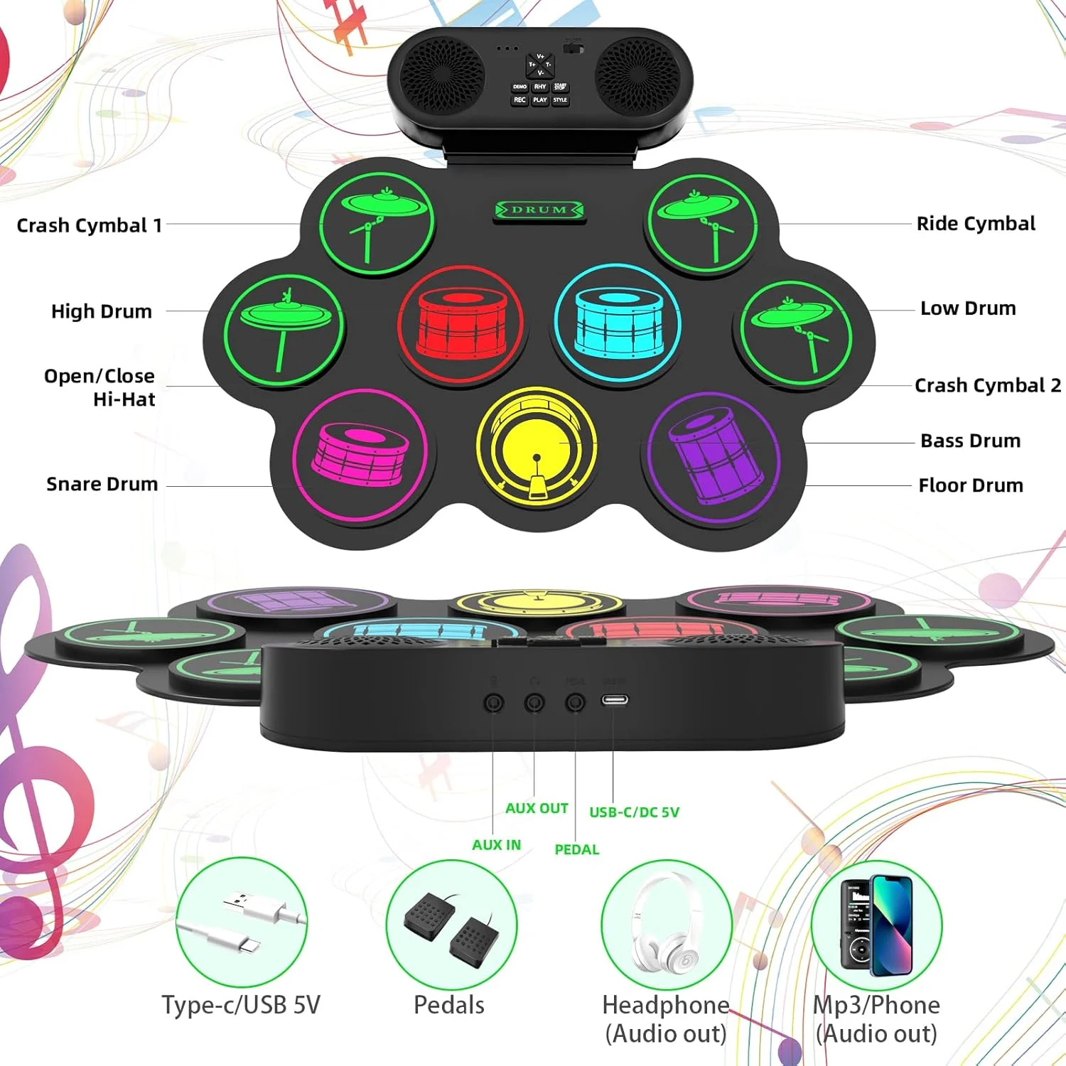 ست درام الکترونیکی، پد تمرینی MIDI با 9 پد، دارای جک هدفون، بلندگوی دوگانه داخلی، چوب درام و پدال، هدیه ای عالی برای تعطیلات، کریسمس و تولد برای کودکان و بزرگسالان
