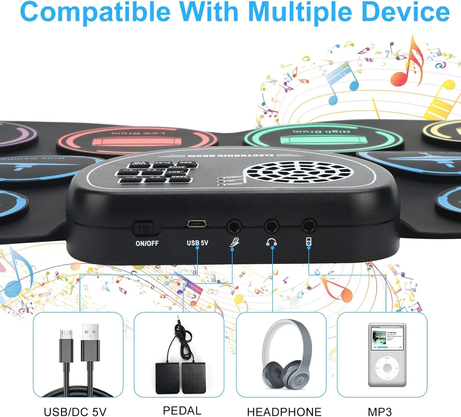 ست درام الکترونیکی، پد تمرینی ۹ درام Marrilley با جک هدفون، دستگاه پد رول آپ با بلندگوی داخلی پدال های درام چوب های درام ۱۰ ساعت زمان پخش، هدیه عالی برای تعطیلات، کریسمس، تولد برای کودکان