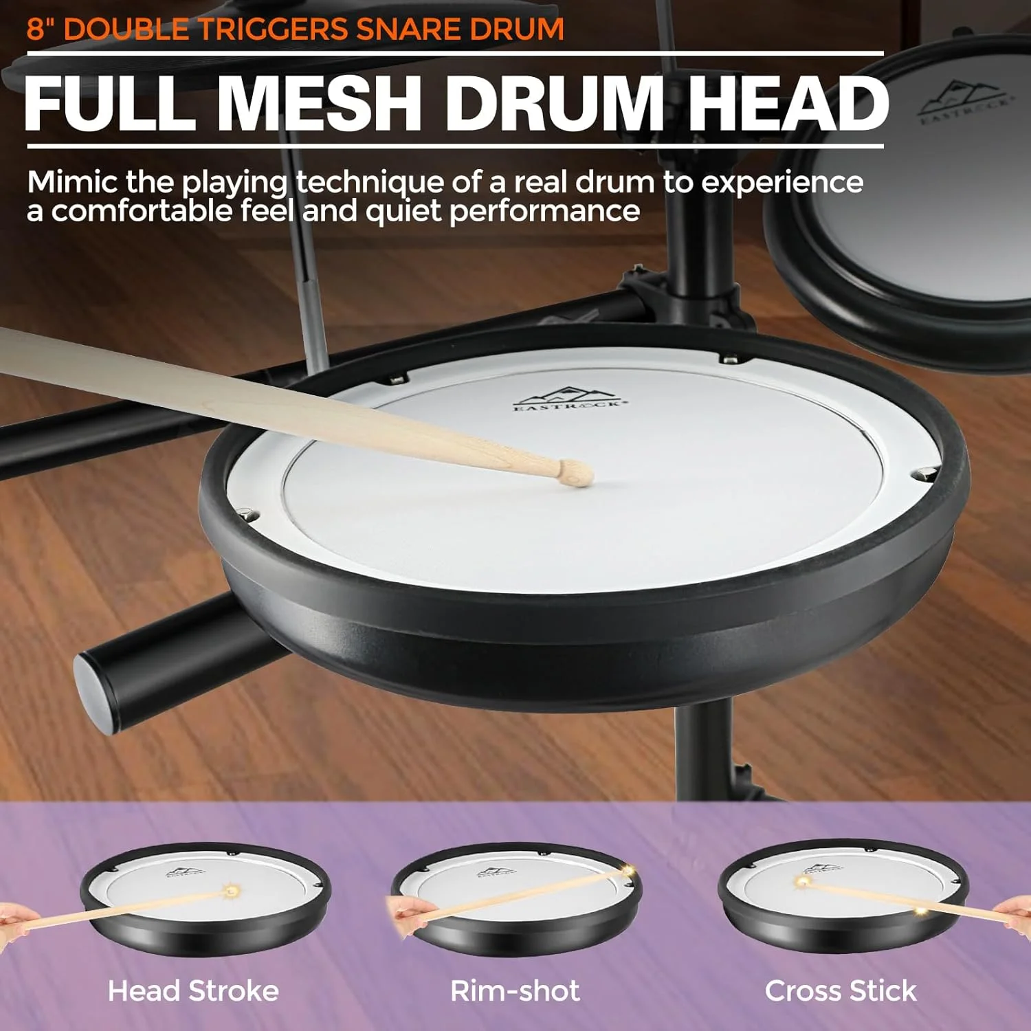 ست درام الکترونیکی ایست‌راک با پدهای مشبک بی‌صدا، ست درام الکترونیکی مبتدی ۴ پایه با سنج، پدال، ماژول درام ارتقا یافته، ۴۵۰ صدا، بلوتوث، USB MIDI، هدفون، صندلی، چوب