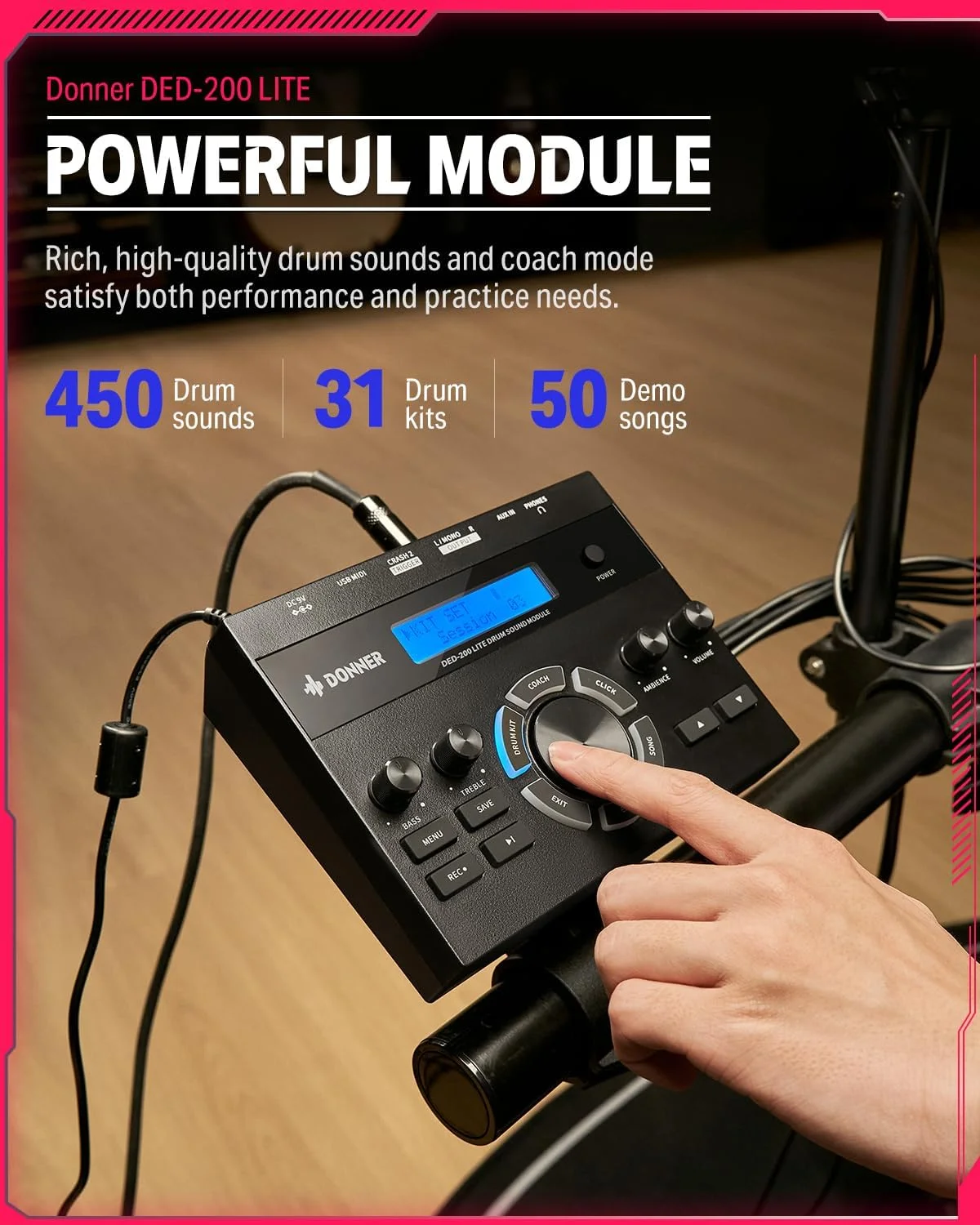 درامز الکترونیکی Donner DED-200 LITE، کیت درام الکترونیکی برای مبتدیان با بیش از 450 صدا، USB MIDI، پدهای مش بی‌صدا، صندلی، هدفون، چوب‌ها و 40 درس ملودیک