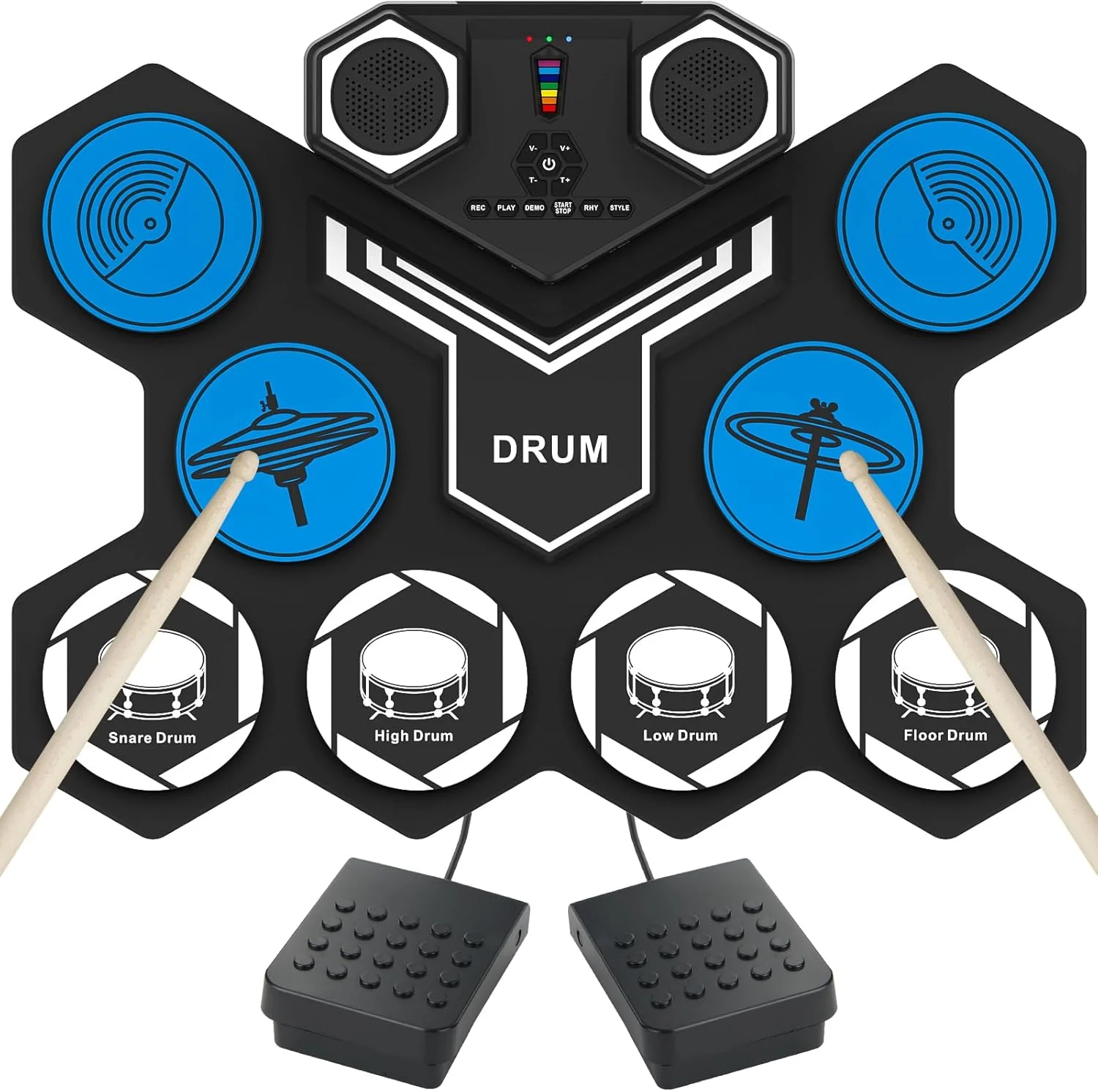 ست درام الکتریکی، پد تمرینی قابل حمل 9 درام، کیت درام الکترونیکی با بلندگوهای داخلی، چوب درام، جک خروجی هدفون، هدیه تولد کریسمس برای کودکان و بزرگسالان