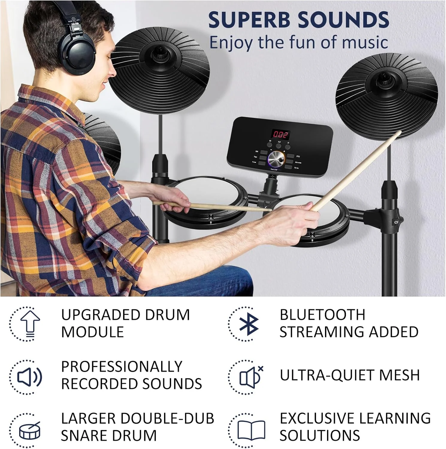 درام الکترونیکی، درام الکترونیکی برای مبتدیان با شارژ Type-C، پشتیبانی از USB MIDI بلوتوث، با 4 پد مشبک بی صدا و 2 پدال، صندلی درام، چوب، هدفون و آموزش های ملودیکس