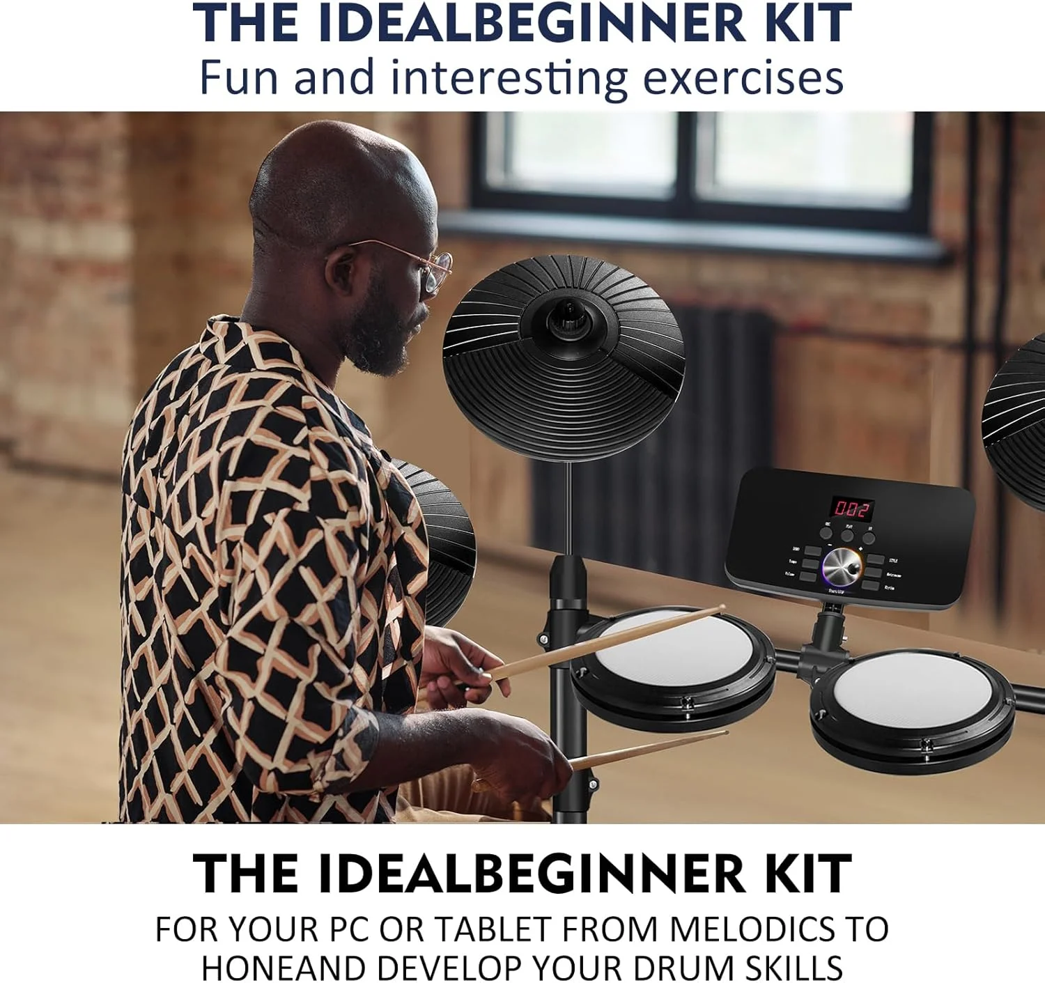 درام الکترونیکی، درام الکترونیکی برای مبتدیان با شارژ Type-C، پشتیبانی از USB MIDI بلوتوث، با 4 پد مشبک بی صدا و 2 پدال، صندلی درام، چوب، هدفون و آموزش های ملودیکس