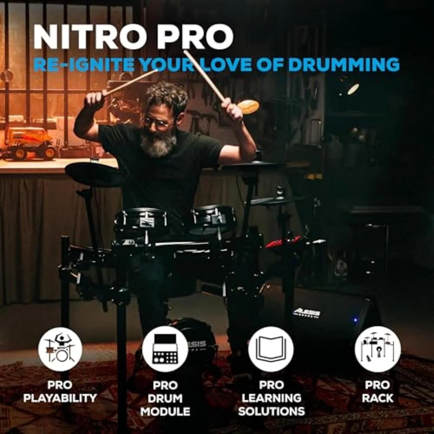 ست درام الکترونیکی Alesis Nitro Pro با پدهای مشبک دوگانه، بیش از 500 صدای معتبر BFD، بلوتوث، Drumeo، USB MIDI، سازگار با دوبل کیک