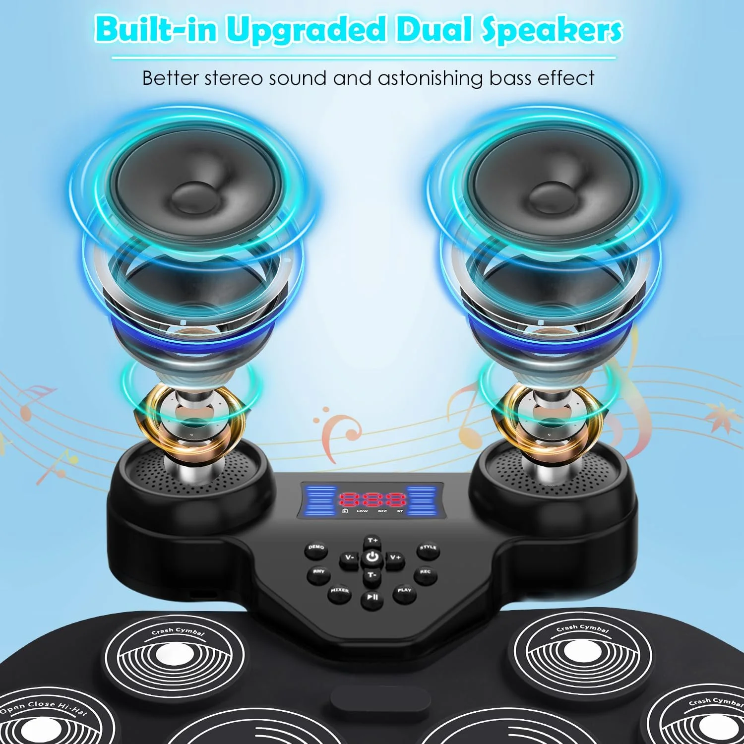 درام الکترونیکی - ست درام الکتریکی YUOIOYU، کیت درام قابل حمل رول آپ MIDI، پد تمرین درام با بلندگوی دوگانه داخلی، چوب درام و پدال، هدیه تولد کریسمس برای کودکان و بزرگسالان