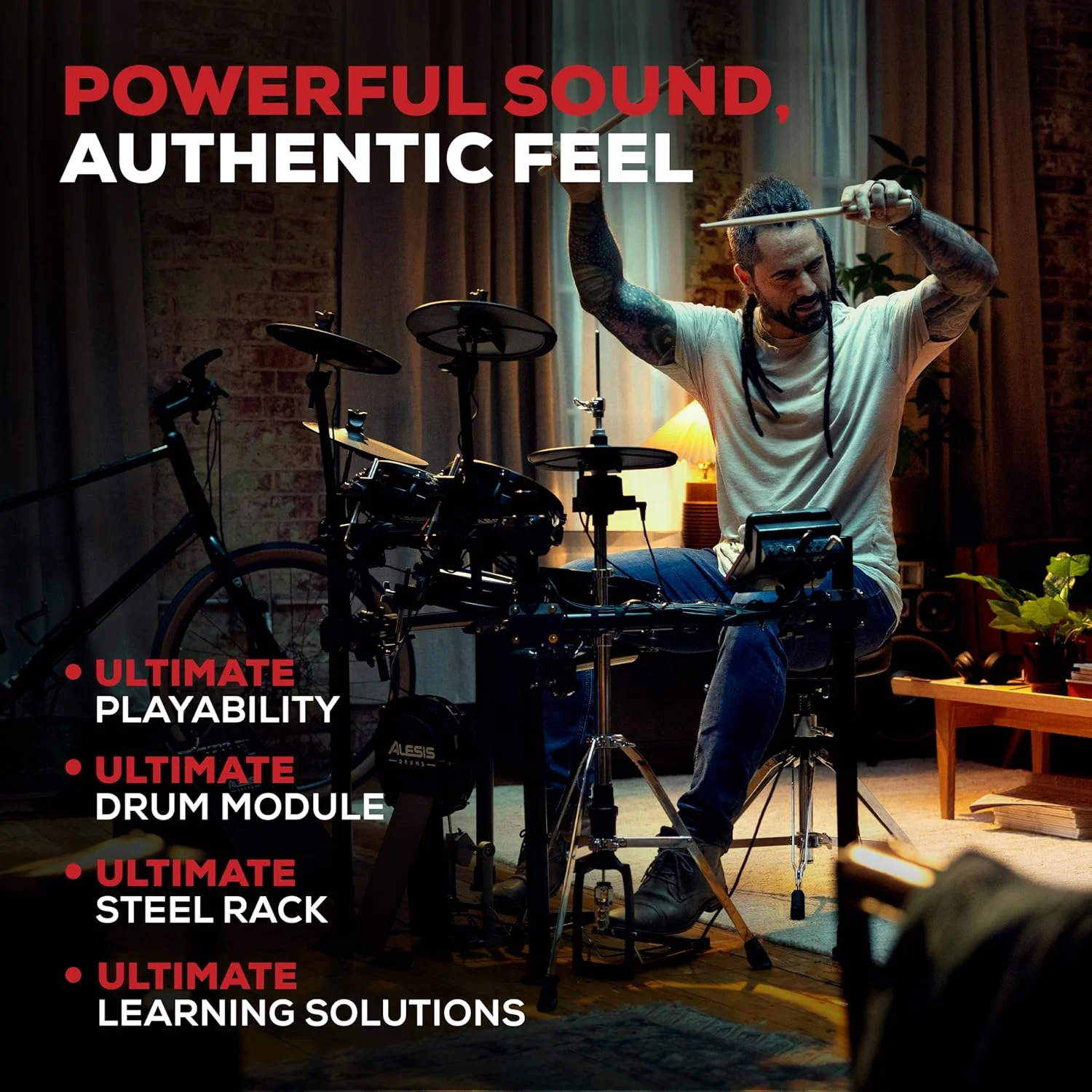 ست درام الکترونیکی Alesis Nitro Ultimate با پدهای مشبک دوگانه، Hi-Hat متحرک، 640 صدای معتبر BFD و 52 کیت، بلوتوث، Drumeo، USB MIDI، سازگار با Double Kick ست درام الکترونیکی Alesis Nitro Ultimate با پدهای مشبک دوگانه، Hi-Hat متحرک، 640 صدای معتبر BFD و 52 کیت، بلوتوث، Drumeo، USB MIDI، سازگار با Double Kick