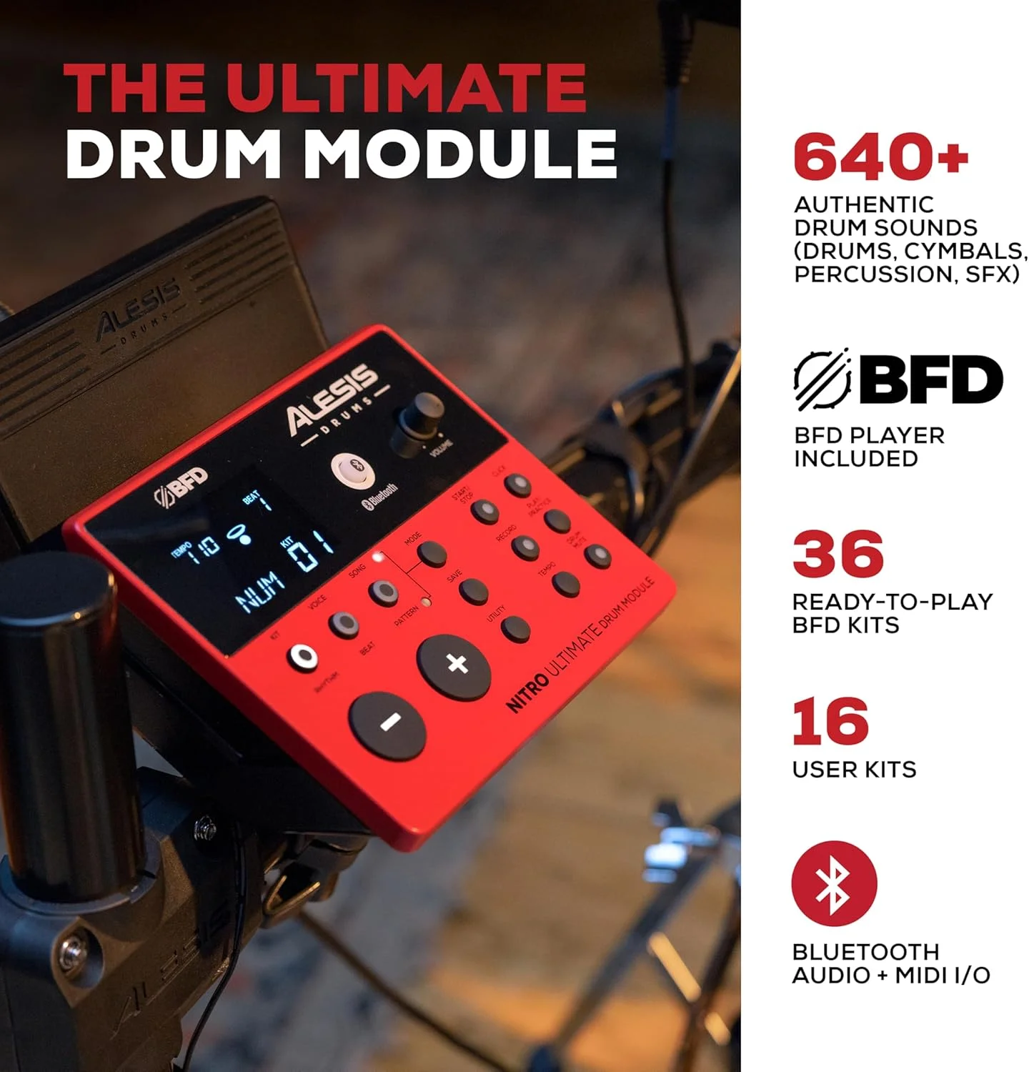 ست درام الکترونیکی Alesis Nitro Ultimate با پدهای مشبک دوگانه، Hi-Hat متحرک، 640 صدای معتبر BFD و 52 کیت، بلوتوث، Drumeo، USB MIDI، سازگار با Double Kick ست درام الکترونیکی Alesis Nitro Ultimate با پدهای مشبک دوگانه، Hi-Hat متحرک، 640 صدای معتبر BFD و 52 کیت، بلوتوث، Drumeo، USB MIDI، سازگار با Double Kick