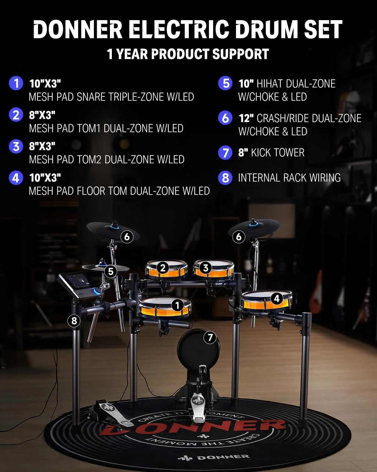 ست درام الکترونیکی Donner BackBeat با صفحه لمسی 7 اینچی پیشرفته، 1126 صدا، قابلیت سفارشی‌سازی رنگ پد درام، سیم‌کشی داخلی رک و اپلیکیشن بازی برای سرگرمی نهایی