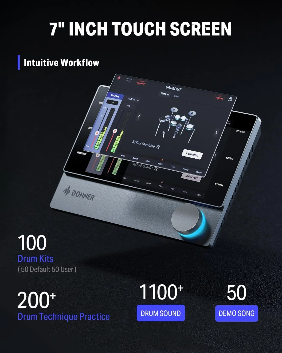 ست درام الکترونیکی Donner BackBeat با صفحه لمسی 7 اینچی پیشرفته، 1126 صدا، قابلیت سفارشی‌سازی رنگ پد درام، سیم‌کشی داخلی رک و اپلیکیشن بازی برای سرگرمی نهایی