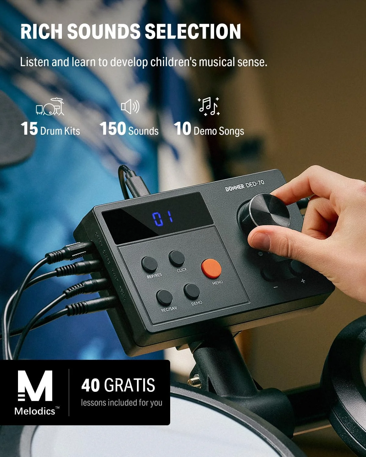 ست درام الکترونیکی Donner DED-70 برای مبتدیان با 150 صدا، 4 پد مشبک کم صدا، سنج 9 اینچی، USB MIDI، شارژ Type-C، 2 پدال، صندلی، هدفون، چوب درام، آموزش های Melodics