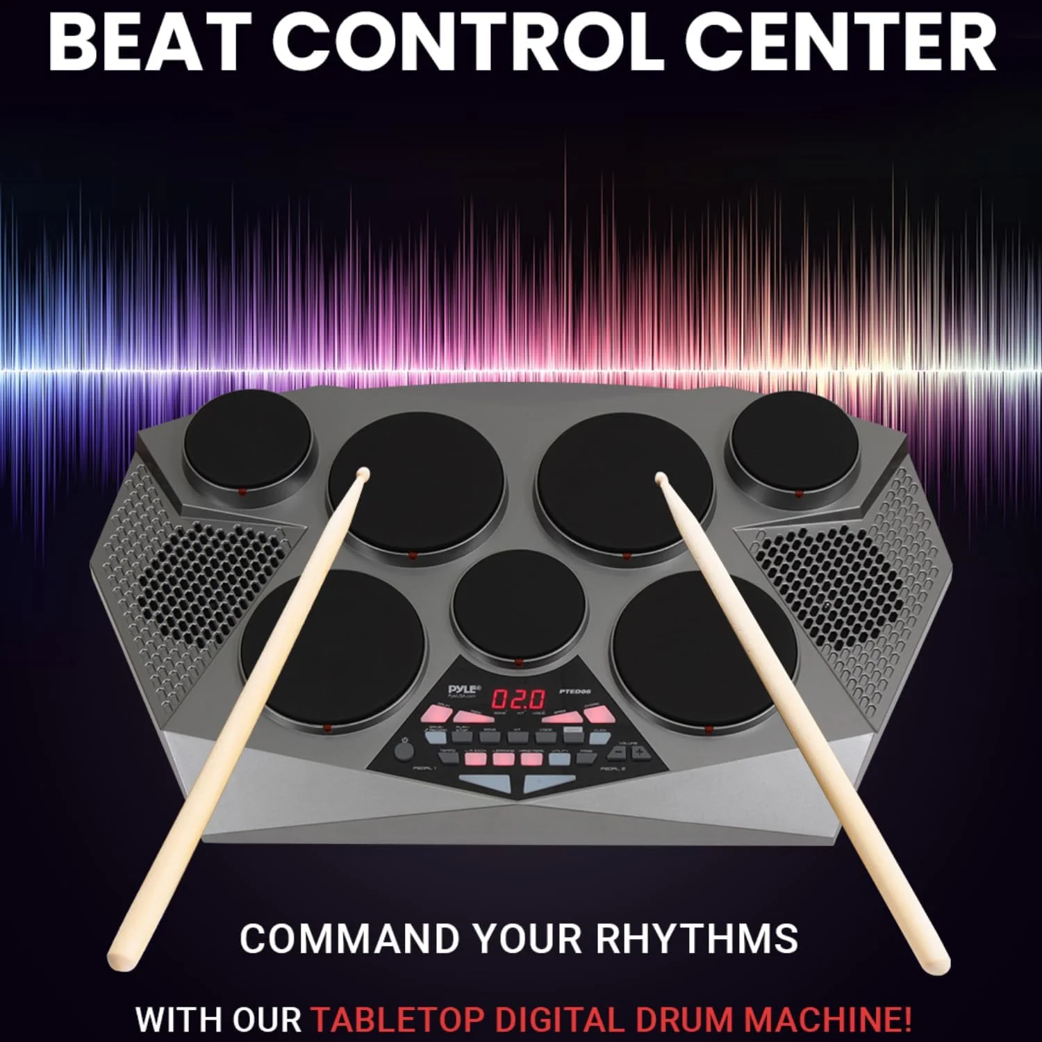 ست درام الکترونیکی Pyle Pro - دستگاه درام رومیزی برقی قابل حمل با پنل دیجیتال، 7 پد درام، کنترلر پدال Hi-Hat / Kick Bass USB AUX - تام تامز، Hi-Hat، درام اسنر، سنج ها - PTED06