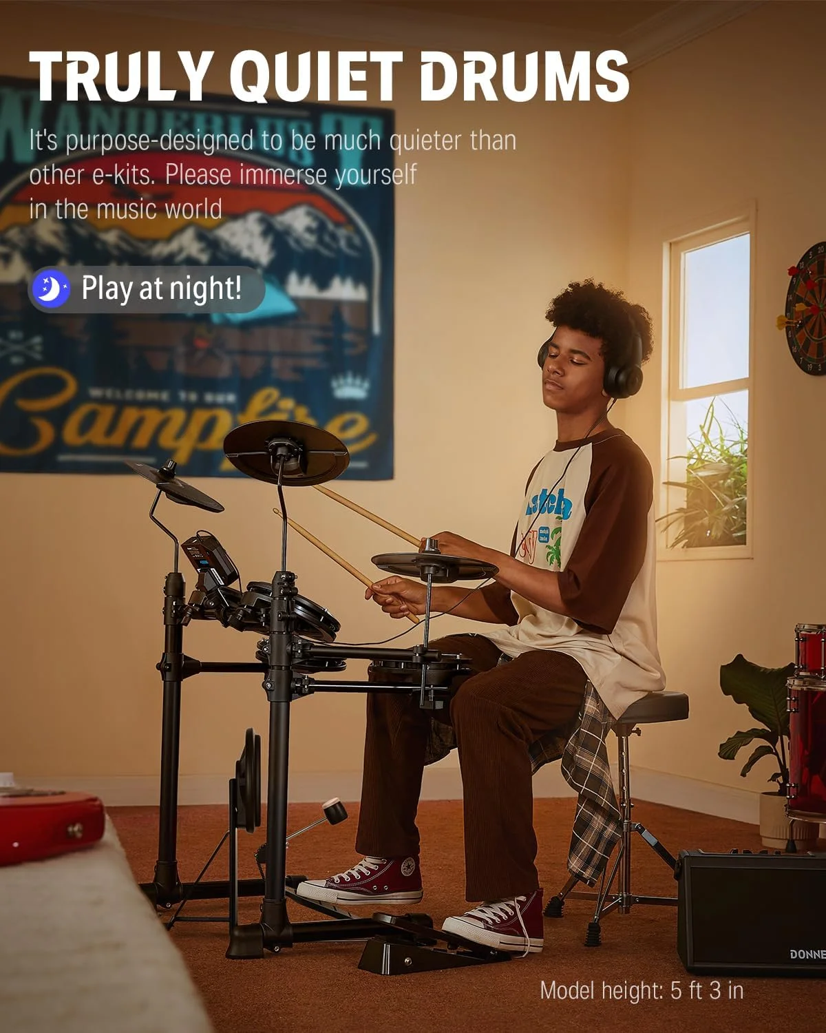 ست درام الکترونیکی Donner DED-80 با 4 پد مشبک کم صدا، بیش از 180 صدا، 2 پدال، صندلی، هدفون، چوب و آموزش های ملودیکس ست درام الکترونیکی Donner DED-80 با 4 پد مشبک کم صدا، بیش از 180 صدا، 2 پدال، صندلی، هدفون، چوب و آموزش های ملودیکس