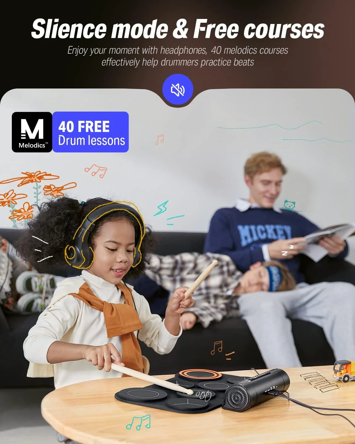 درام الکترونیکی Donner، پد درام الکتریکی با 7 پد، پد درام بی صدا با قابلیت جمع شدن، بلندگوی داخلی، شامل 40 درس درام، اسباب بازی های هدیه تولد و کریسمس برای کودکان (DED-20)