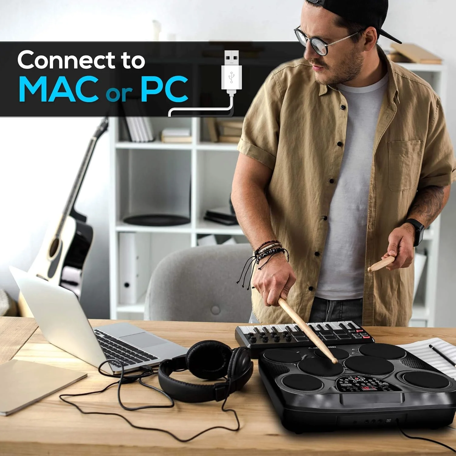 ست درام دیجیتال رومیزی الکترونیکی Pyle، کیت پد درام قابل حمل و جمع و جور با 8 پد حساس به لمس و پدال، 600 صدا، خروجی USB و هدفون، ورودی MIDI/AUX، درام های 4x5 اینچی و سنج های 4x3.5 اینچی ست درام دیجیتال رومیزی الکترونیکی Pyle، کیت پد درام قابل حمل و جمع و جور با 8 پد حساس به لمس و پدال، 600 صدا، خروجی USB و هدفون، ورودی MIDI/AUX، درام های 4x5 اینچی و سنج های 4x3.5 اینچی