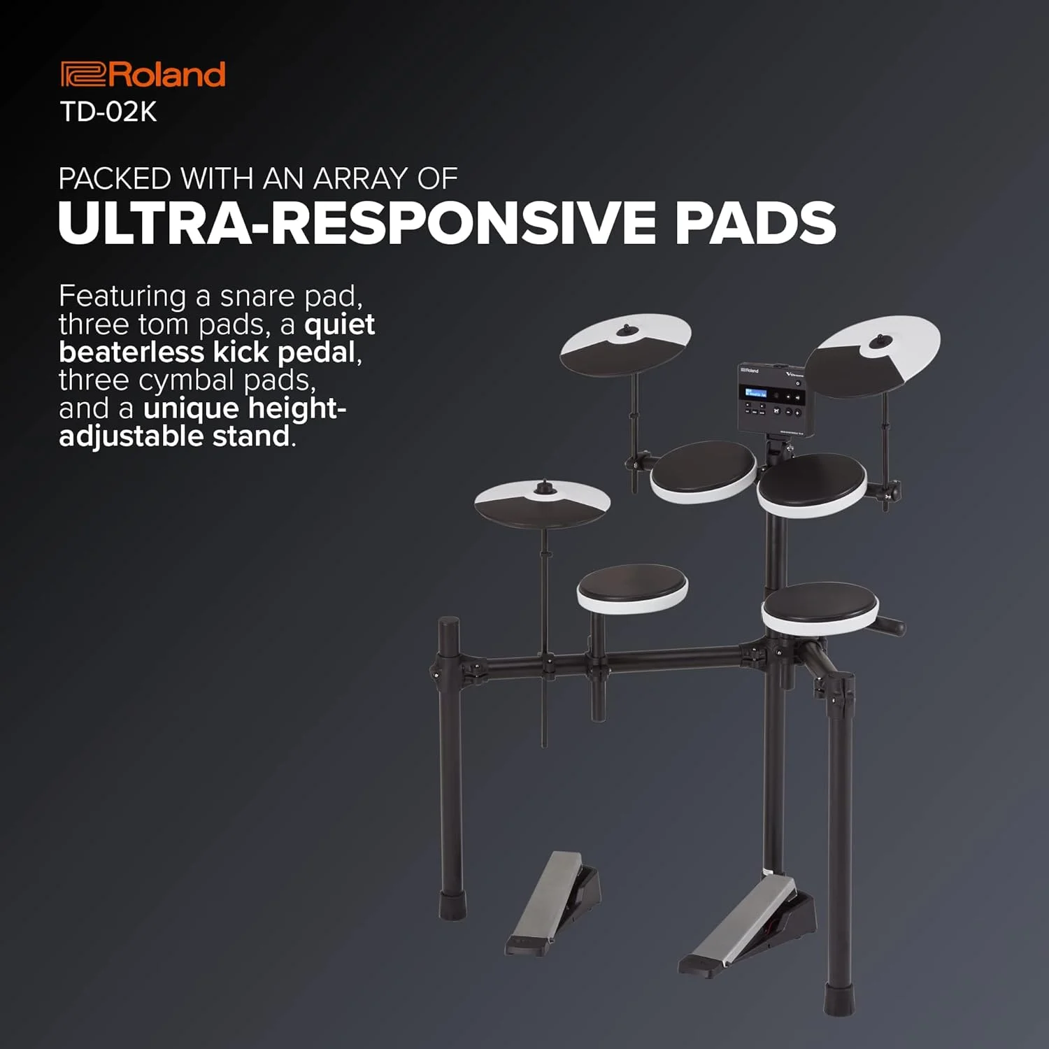 درامز الکترونیکی کامپکت رولند TD-02K V-Drums با قابلیت نوازندگی رسا، ویژگی‌های کاهش نویز، پایه قابل تنظیم ارتفاع و توسعه بلوتوث اختیاری | عملکرد مربی داخلی