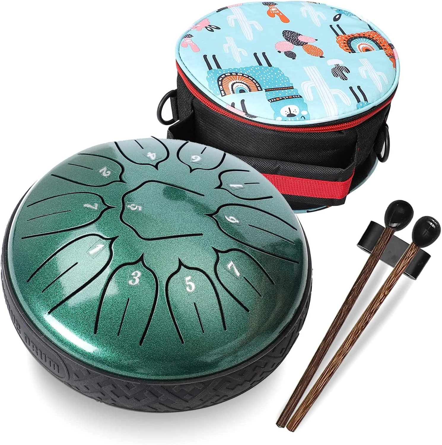 درام زبانی فولادی ۱۱ نت ۶ اینچی، سازهای کوبه ای هندپن با چکش و کیف برای مدیتیشن، آموزش موسیقی، کنسرت، مهمانی، هدیه - سبز
