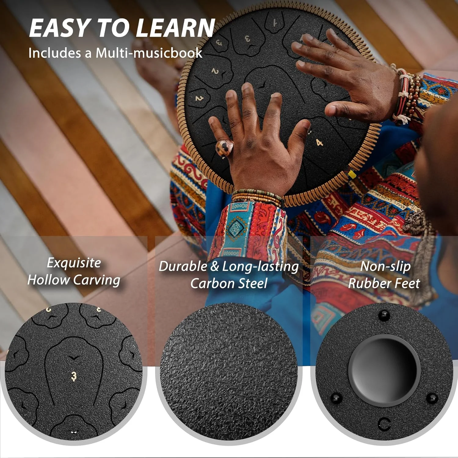درام زبانی فولادی، 13 اینچ 15 نت، سازهای کوبه ای درام، درام هندپن با کتاب موسیقی، چکش های درام و کیف حمل (مشکی)