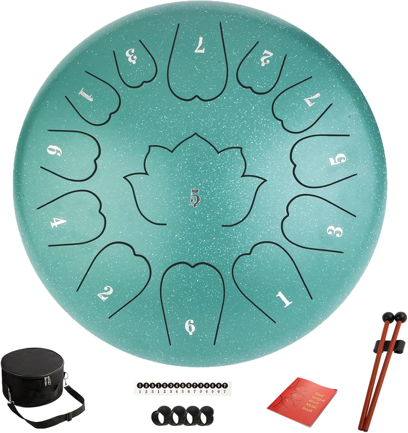 درام زبانی فولادی - درام زبانی 12 اینچی 13 نت، گام دو ماژور مناسب فضای باز به همراه کتاب موسیقی، چکش های درام هندپن و کیف حمل (سبز)