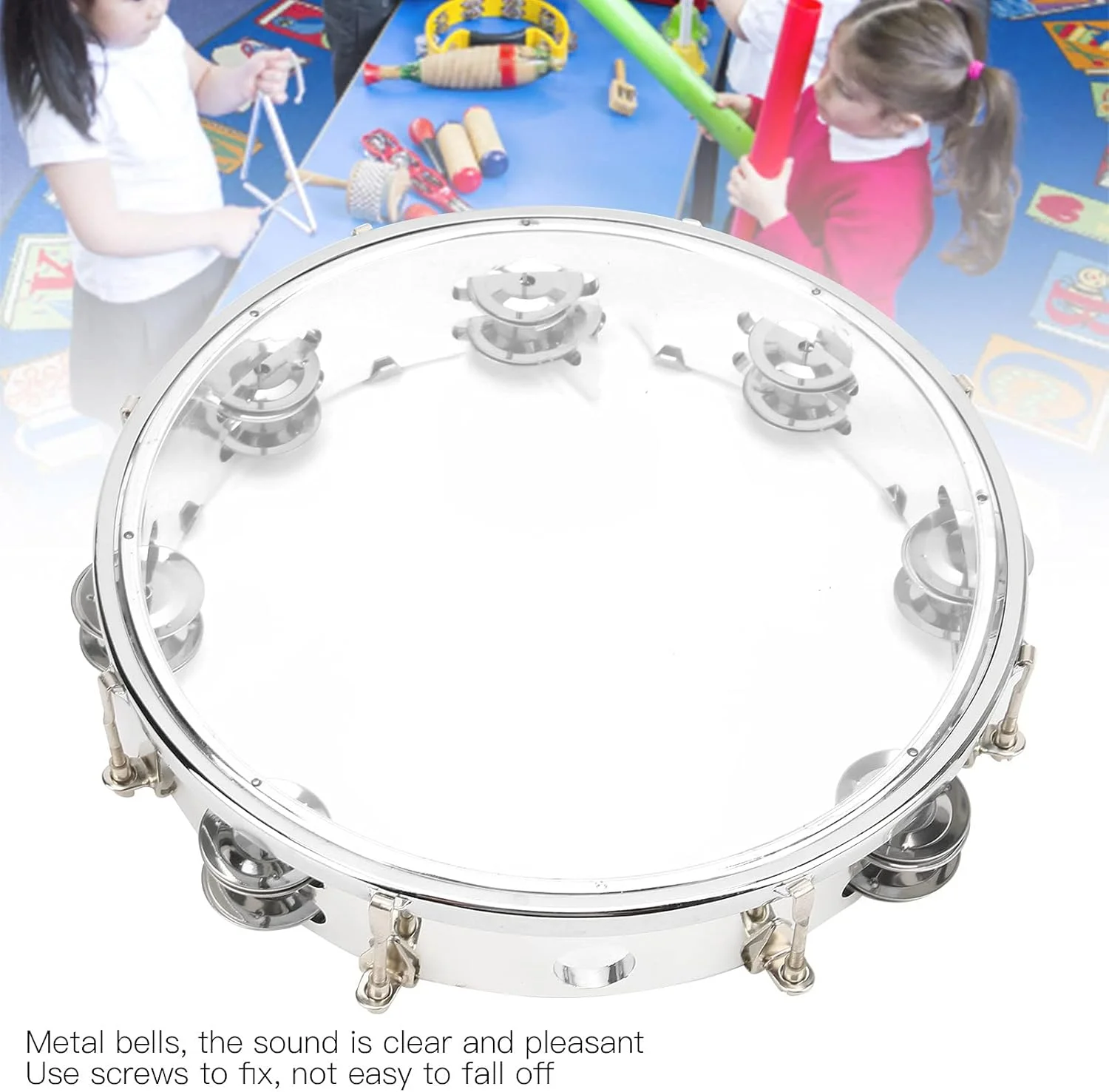 دف دستی وی بست لایف، دف دو ردیفه قابل تنظیم 10 اینچی، ساز کوبه ای با صدای زنگوله ای برای نوازندگان، مهمانی ها و اجراها (شفاف)