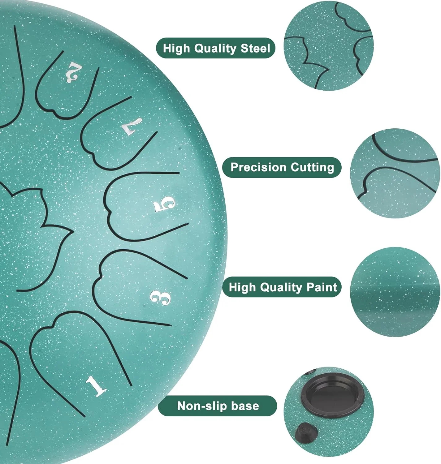 درام زبانی فولادی - درام زبانی 12 اینچی 13 نت، گام دو ماژور مناسب فضای باز به همراه کتاب موسیقی، چکش های درام هندپن و کیف حمل (سبز)