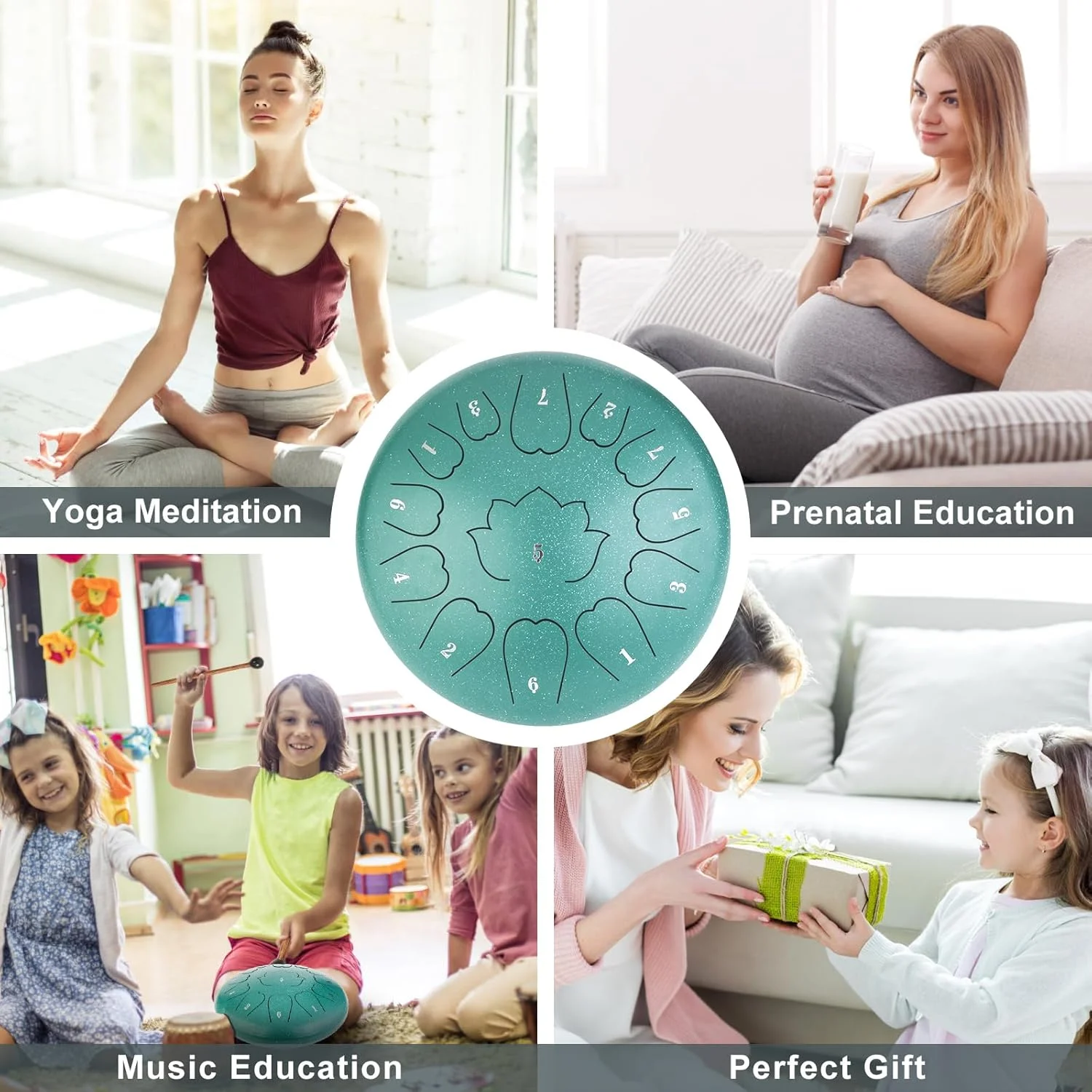 درام زبانی فولادی - درام زبانی 12 اینچی 13 نت، گام دو ماژور مناسب فضای باز به همراه کتاب موسیقی، چکش های درام هندپن و کیف حمل (سبز)