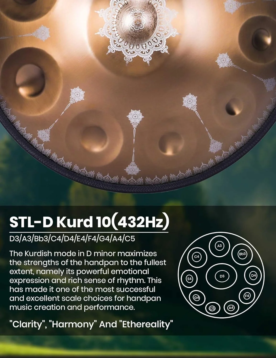 درام هندپن ممتاز "SINGOFIRE"، درام های هندپن چاپی برای بزرگسالان، 22 اینچ 432 هرتز 10 نت D مینور کورد هندپن، مجموعه شکوفه آسمانی - درخشش طلایی