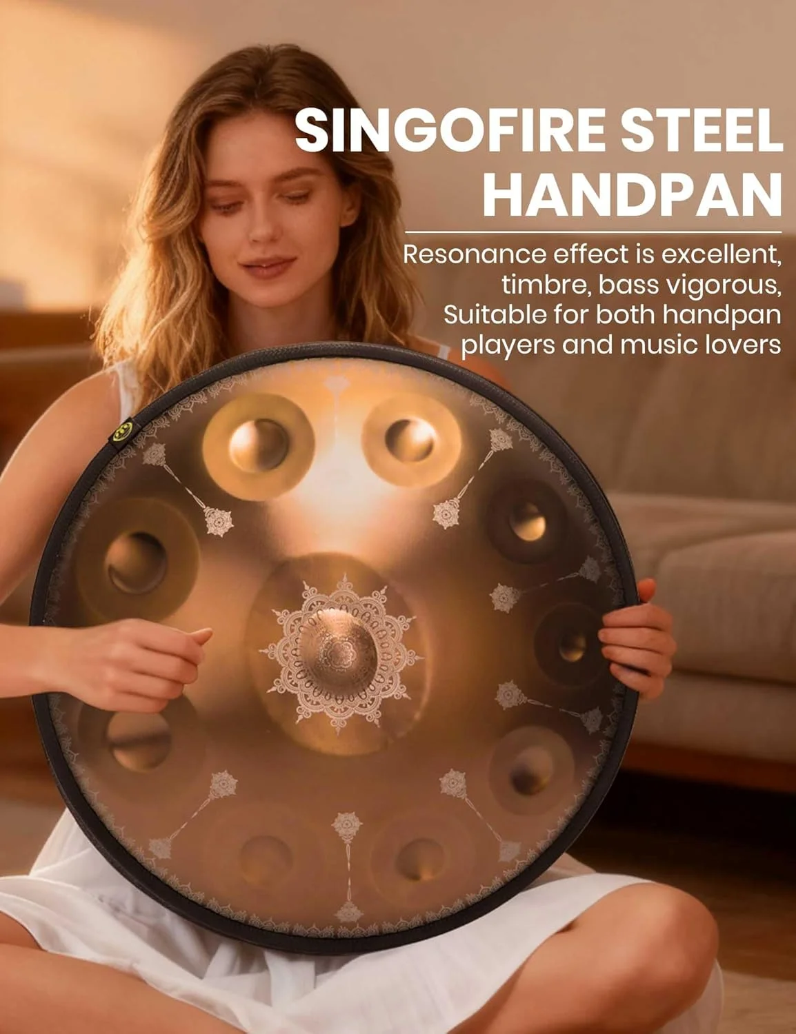 درام هندپن ممتاز "SINGOFIRE"، درام های هندپن چاپی برای بزرگسالان، 22 اینچ 432 هرتز 10 نت D مینور کورد هندپن، مجموعه شکوفه آسمانی - درخشش طلایی